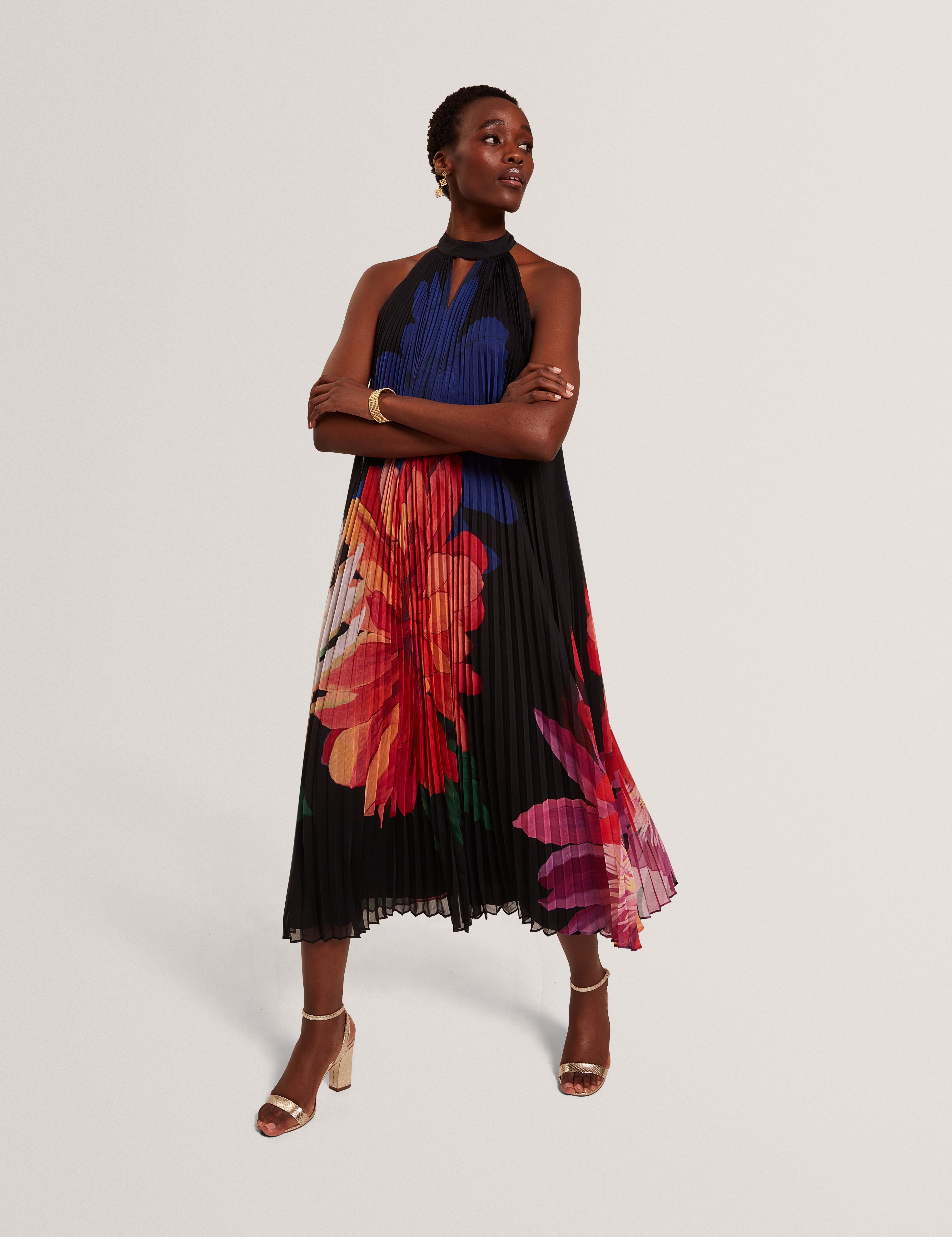 ted baker london ansa pleated dress Ted Baker Ansa Cross Pleated Midi Dress Yellow Dark Orange Size 3 US 8