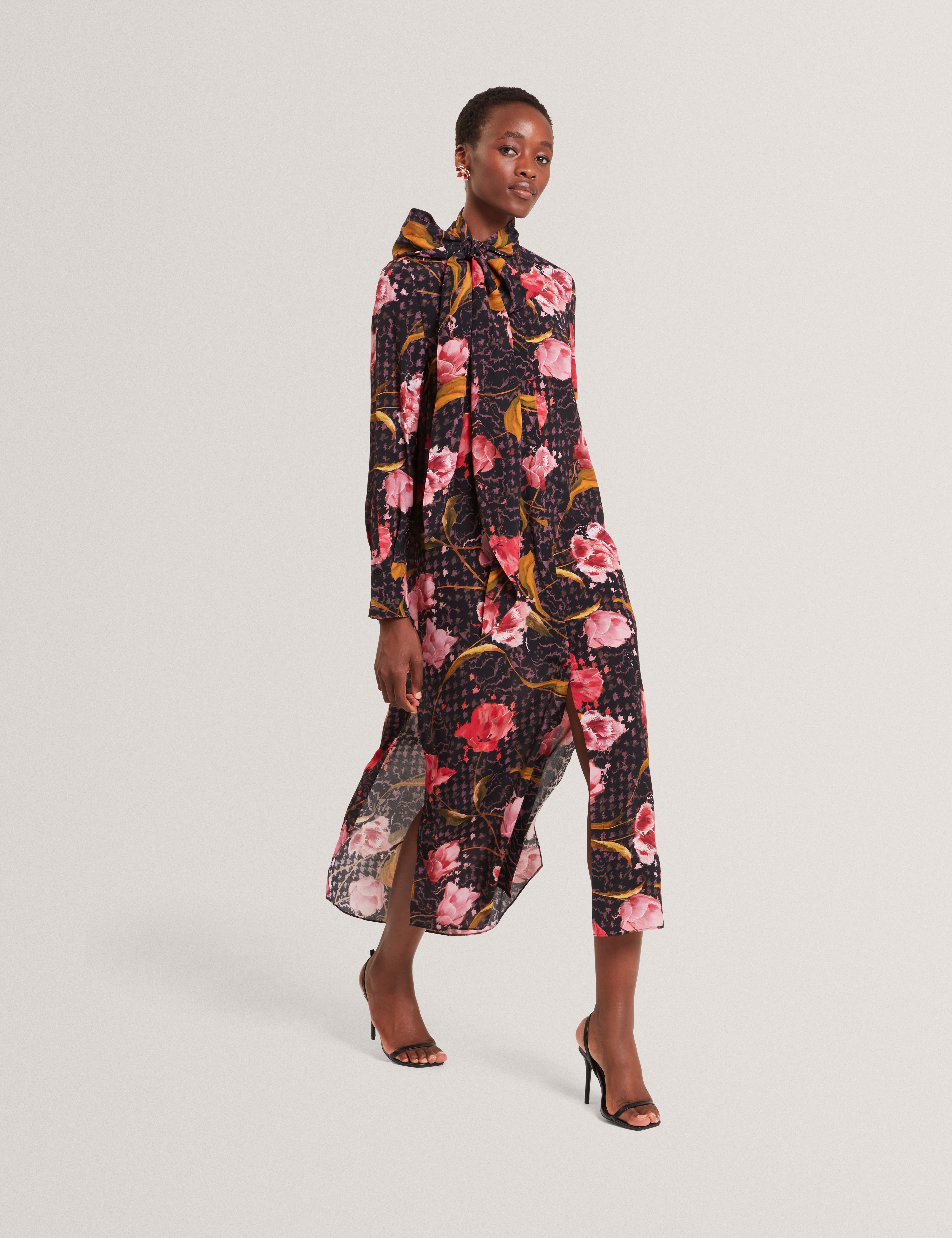 tie neck midi dress FLORERE Long Sleeve green Tie Neck Midi Dress Florere