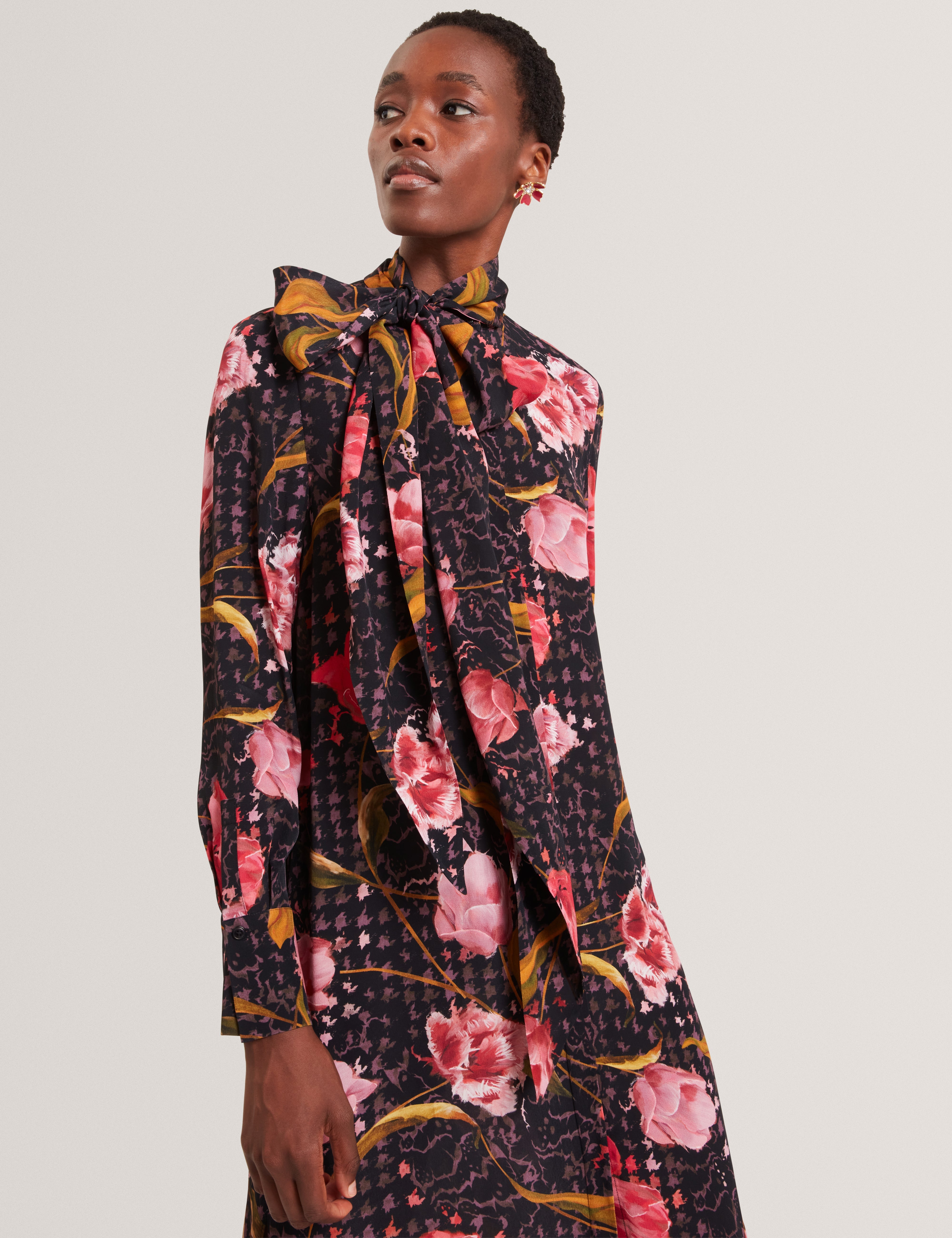 tie neck midi dress Womens Roman Pink Curve Tropical Print Tie Neck Midi Dress US 14