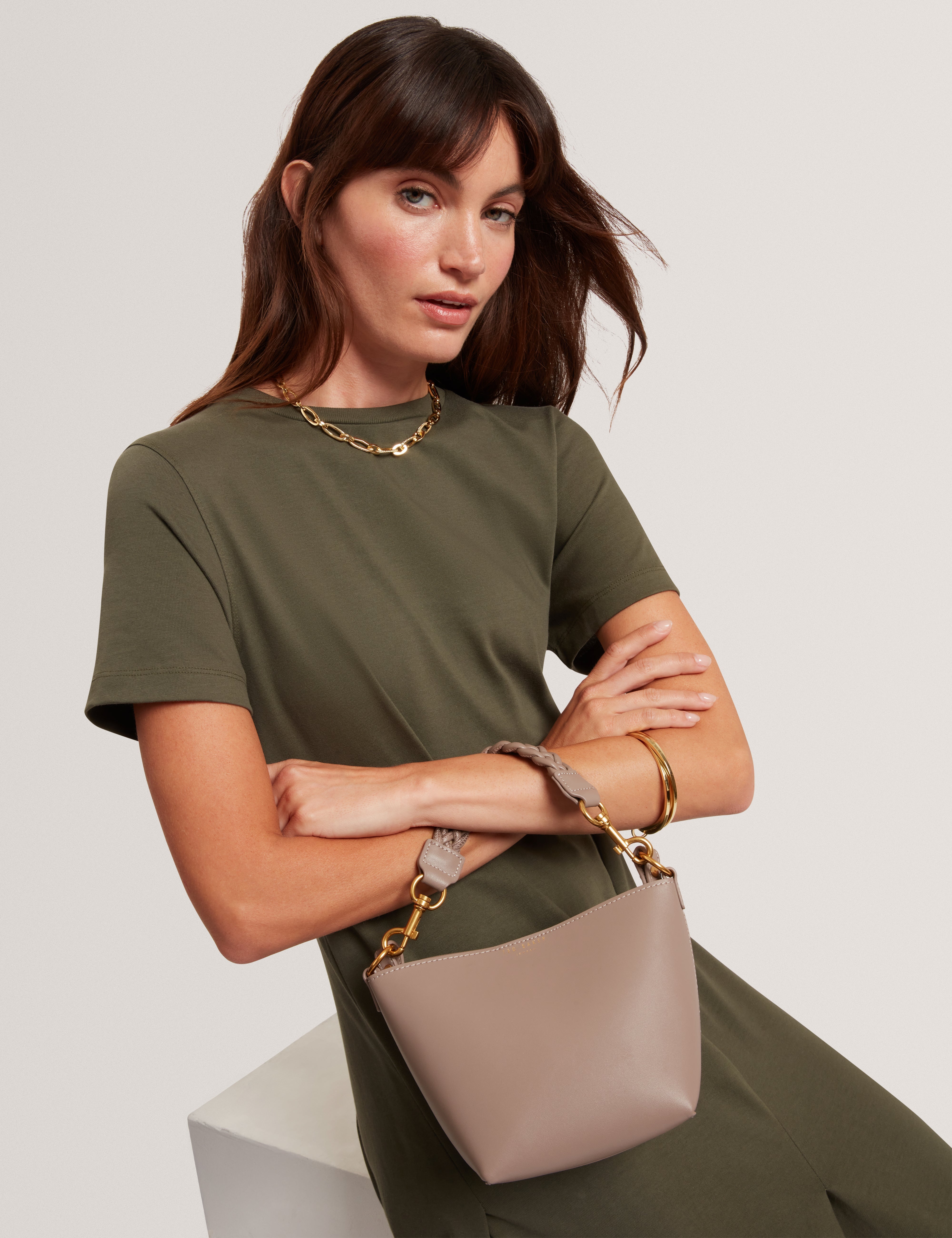 Wavely Weave Handle Leather Small Bucket Bag Taupe