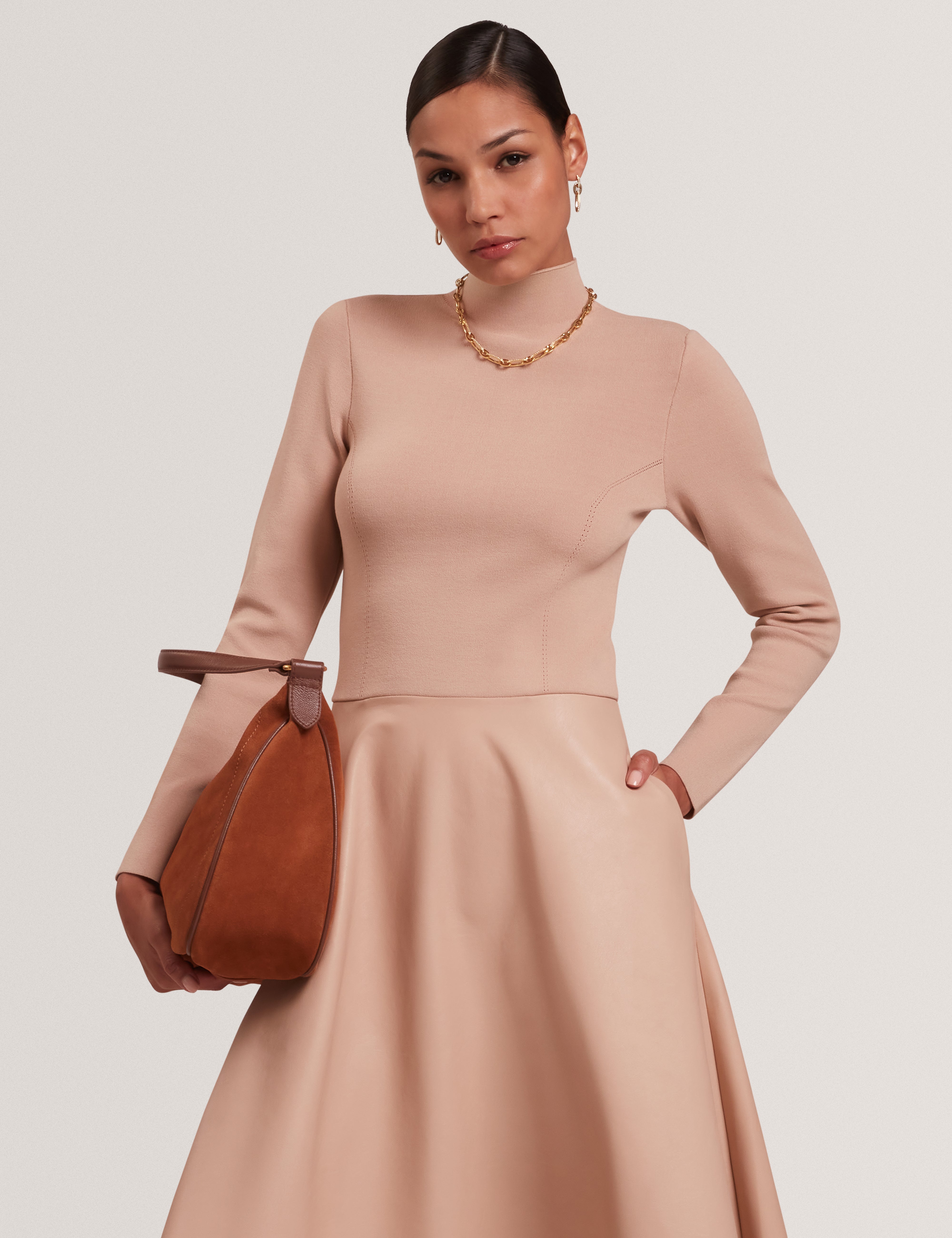Allmie High Neck Dress With Faux Leather Skirt Taupe Allmie High Neck Dress With Faux Leather Skirt Taupe