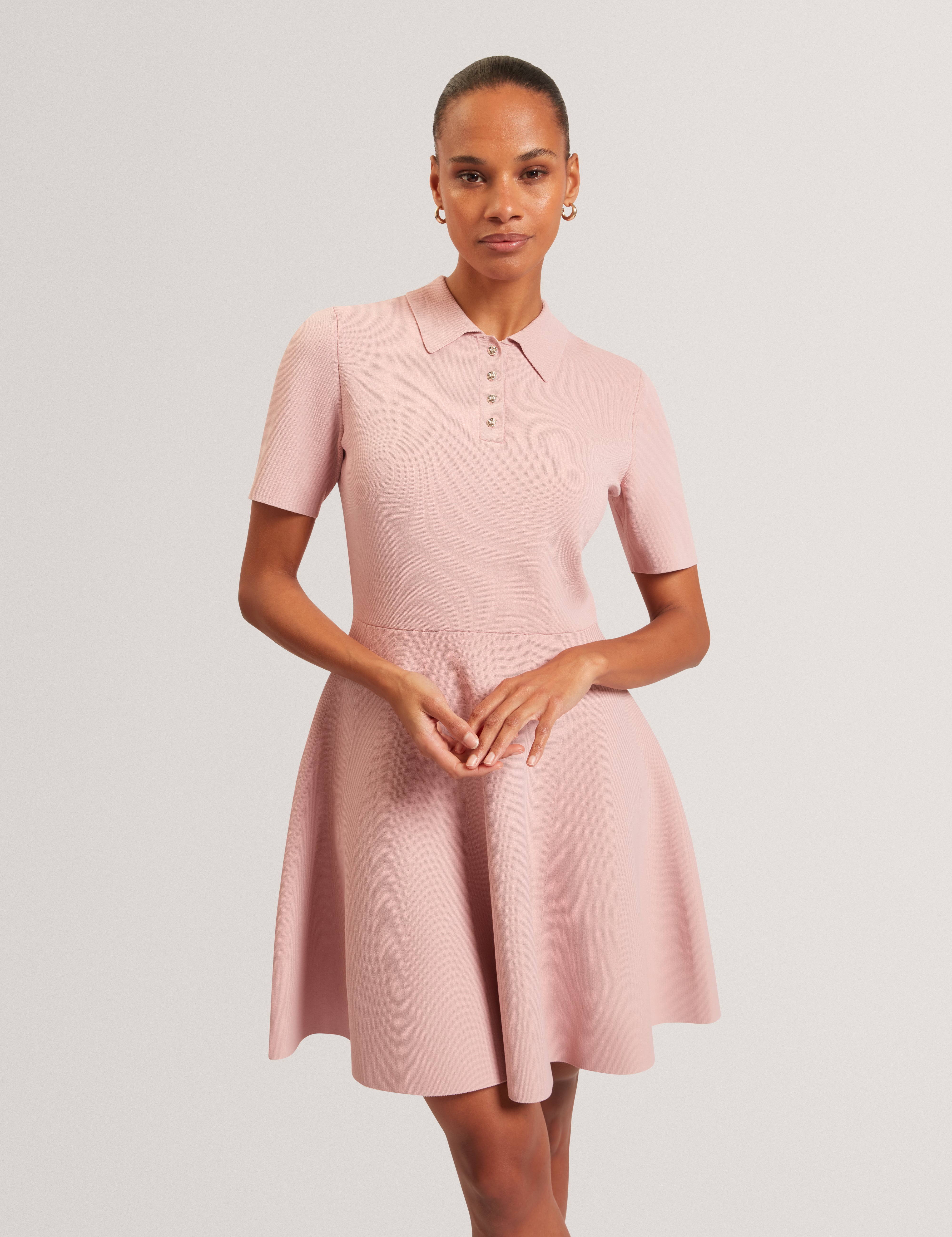 Rondaa Mini Short Sleeve Knitted Polo Dress Dusky-Pink Rondaa Mini Short Sleeve Knitted Polo Dress Dusky-Pink