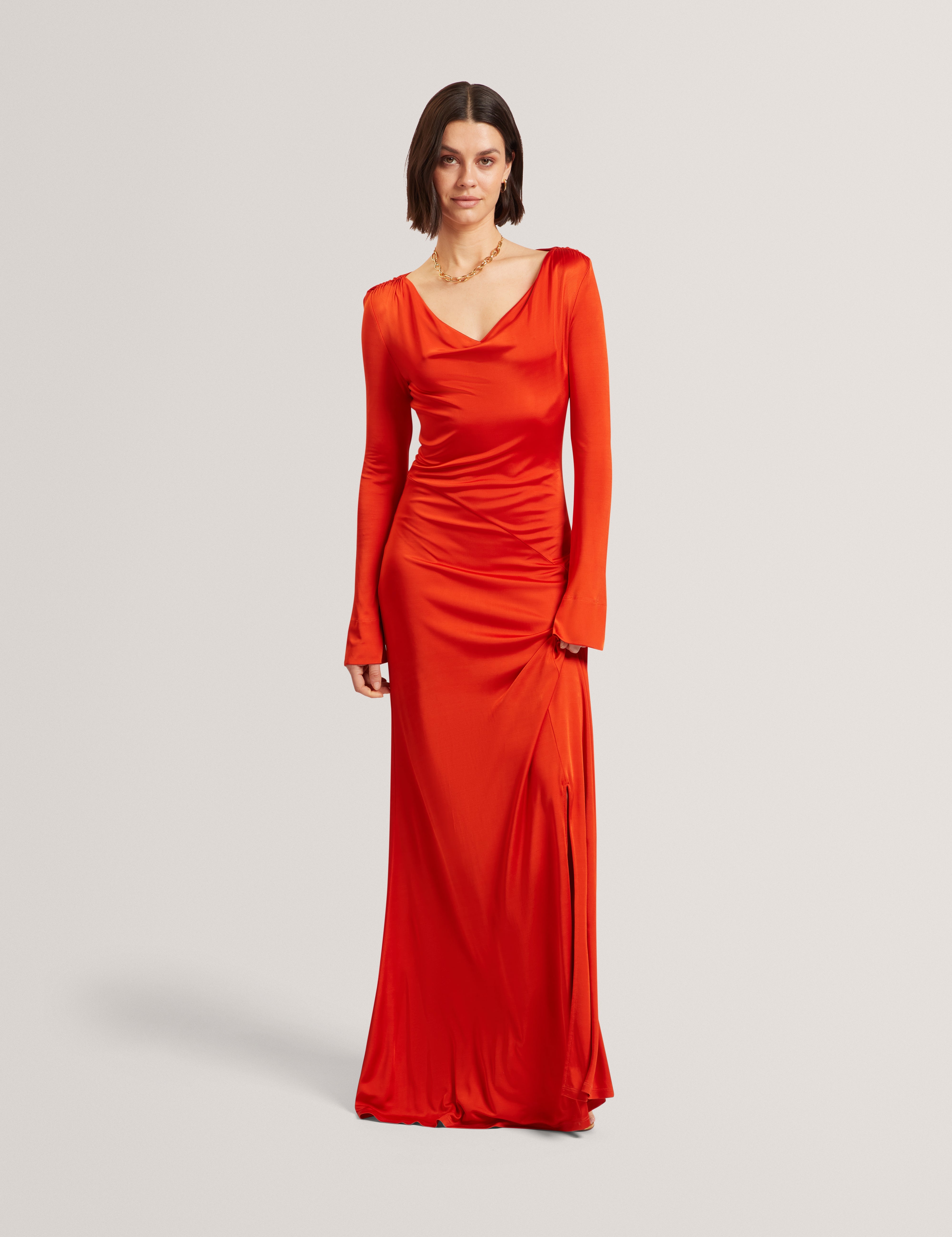 red cowl neck midi dress Red Cowl Neck And Back Midi Dress With Slit