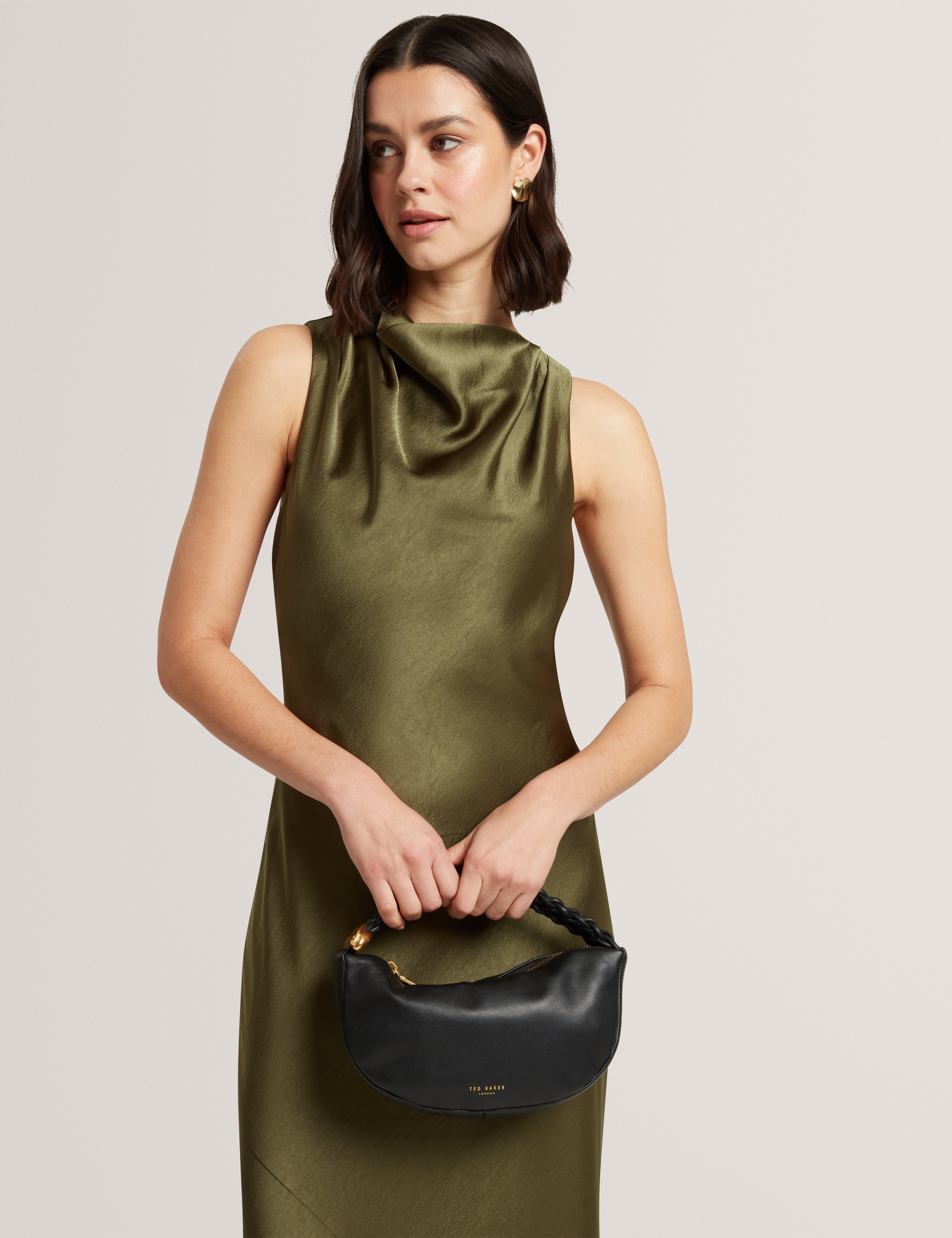 ted baker green leather dress Liimaa Drape Neck Midi Dress Khaki