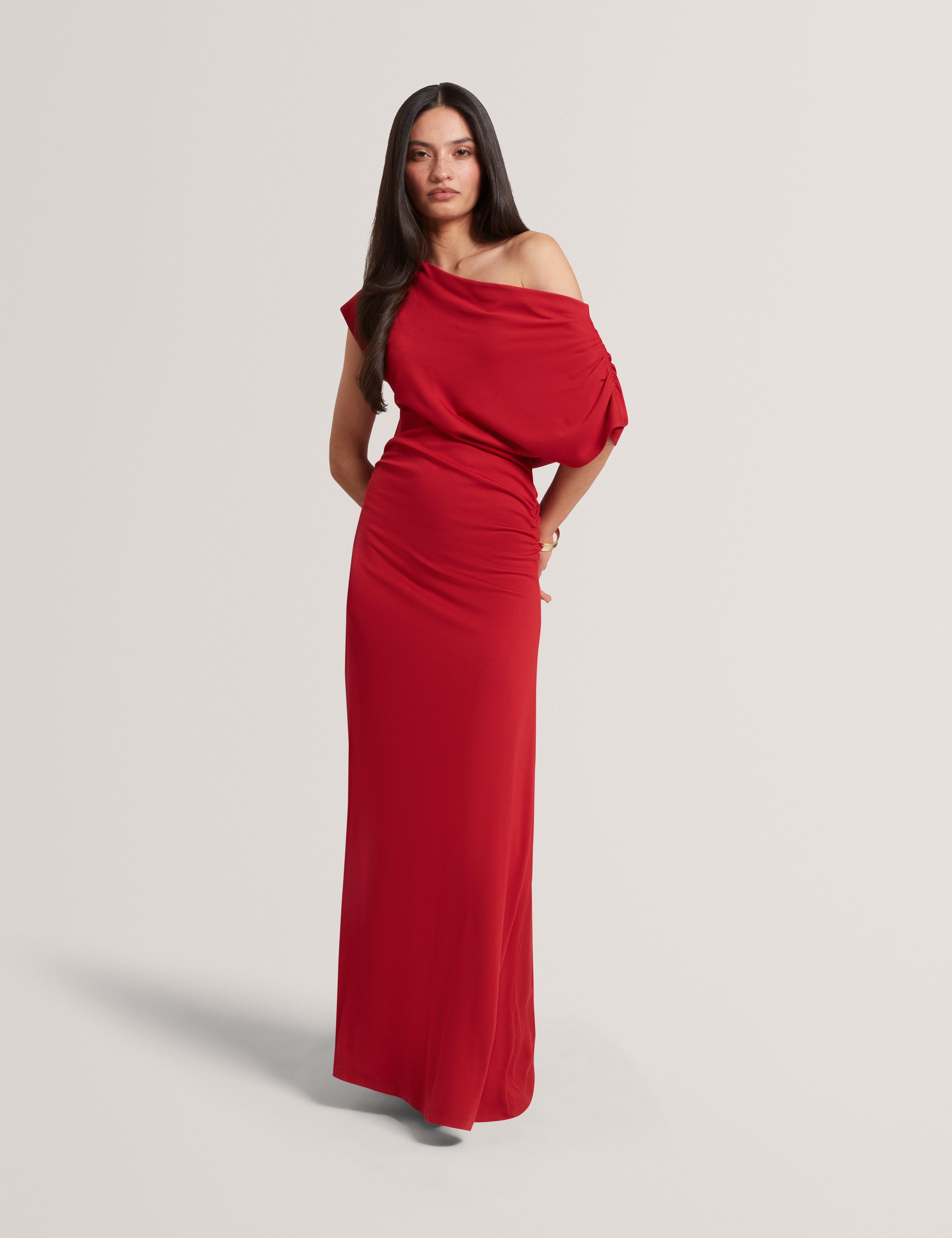 Maevely Jersey Asymmetric Neck Midi Dress Red