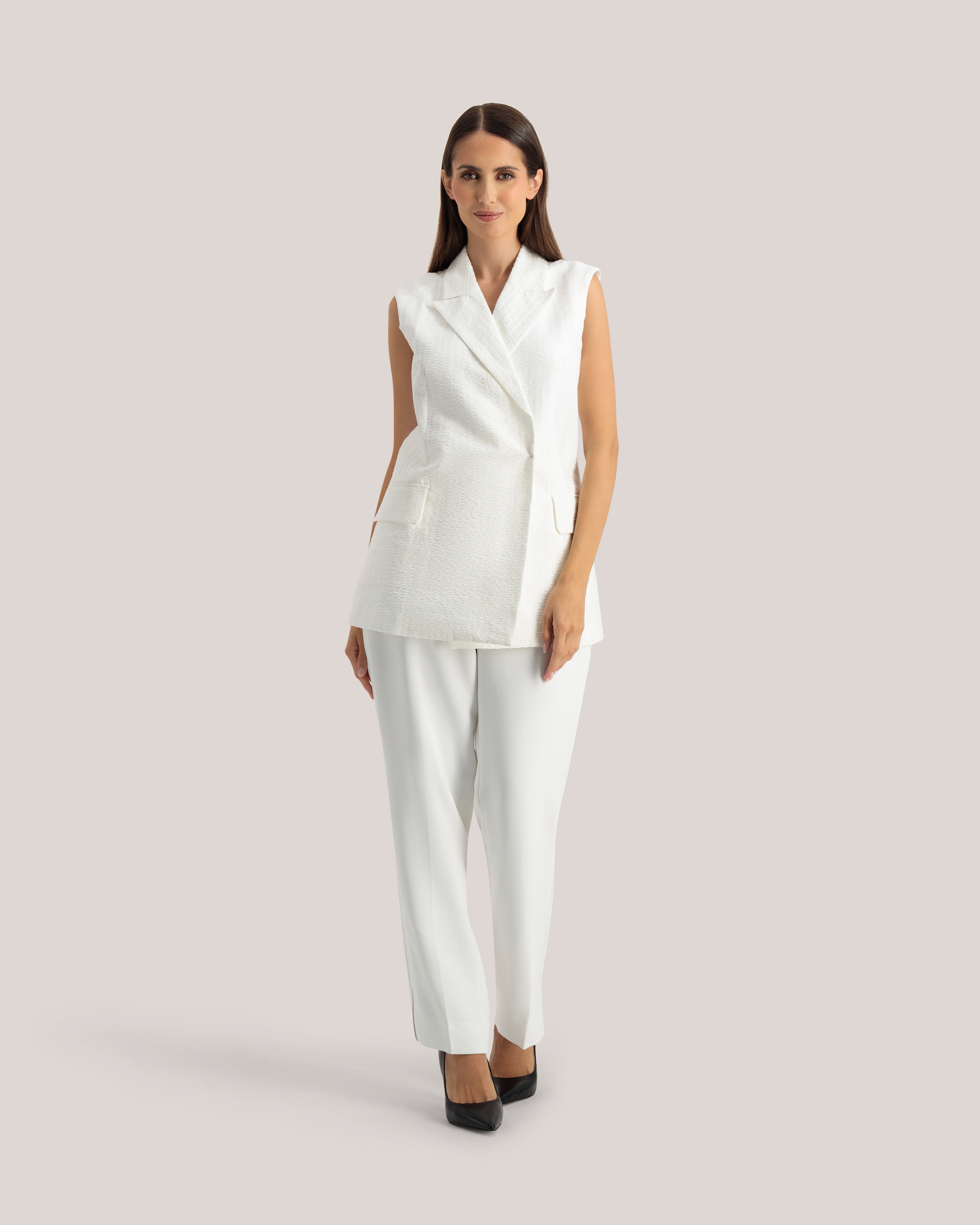 Charu Seersucker Sleeveless Blazer White