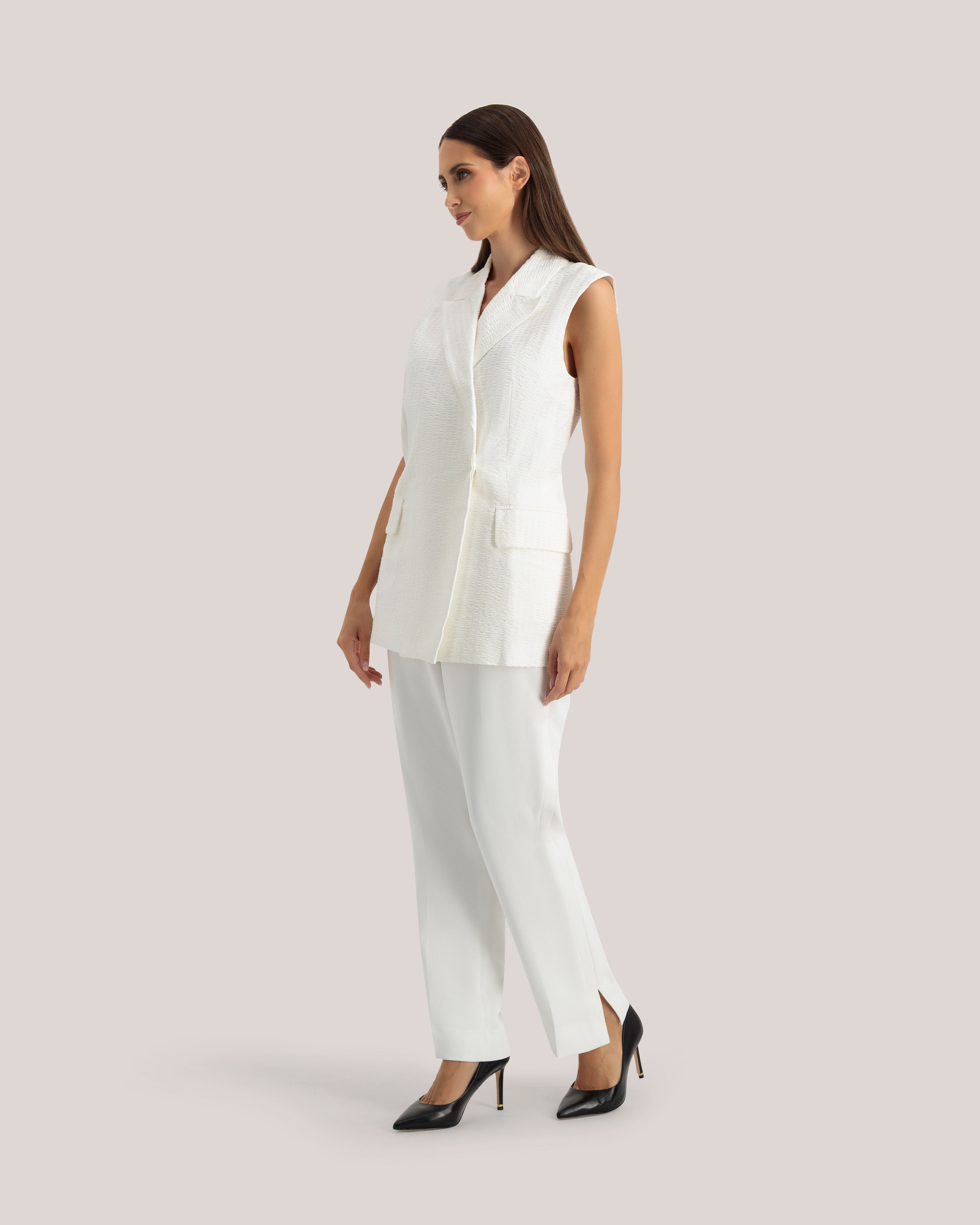 Charu Seersucker Sleeveless Blazer White