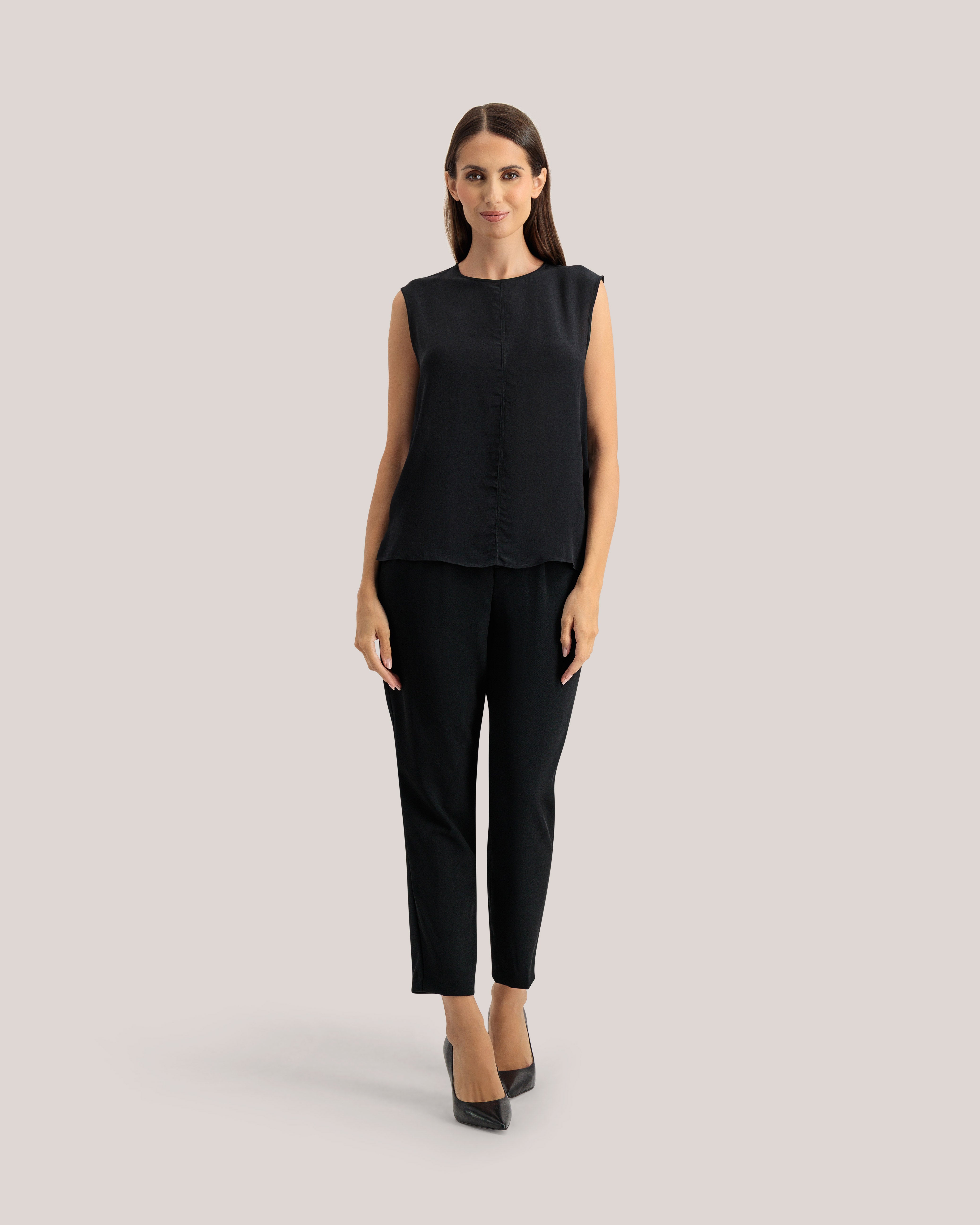 Shamra Silk Tank Top With Contrast Stitch Black