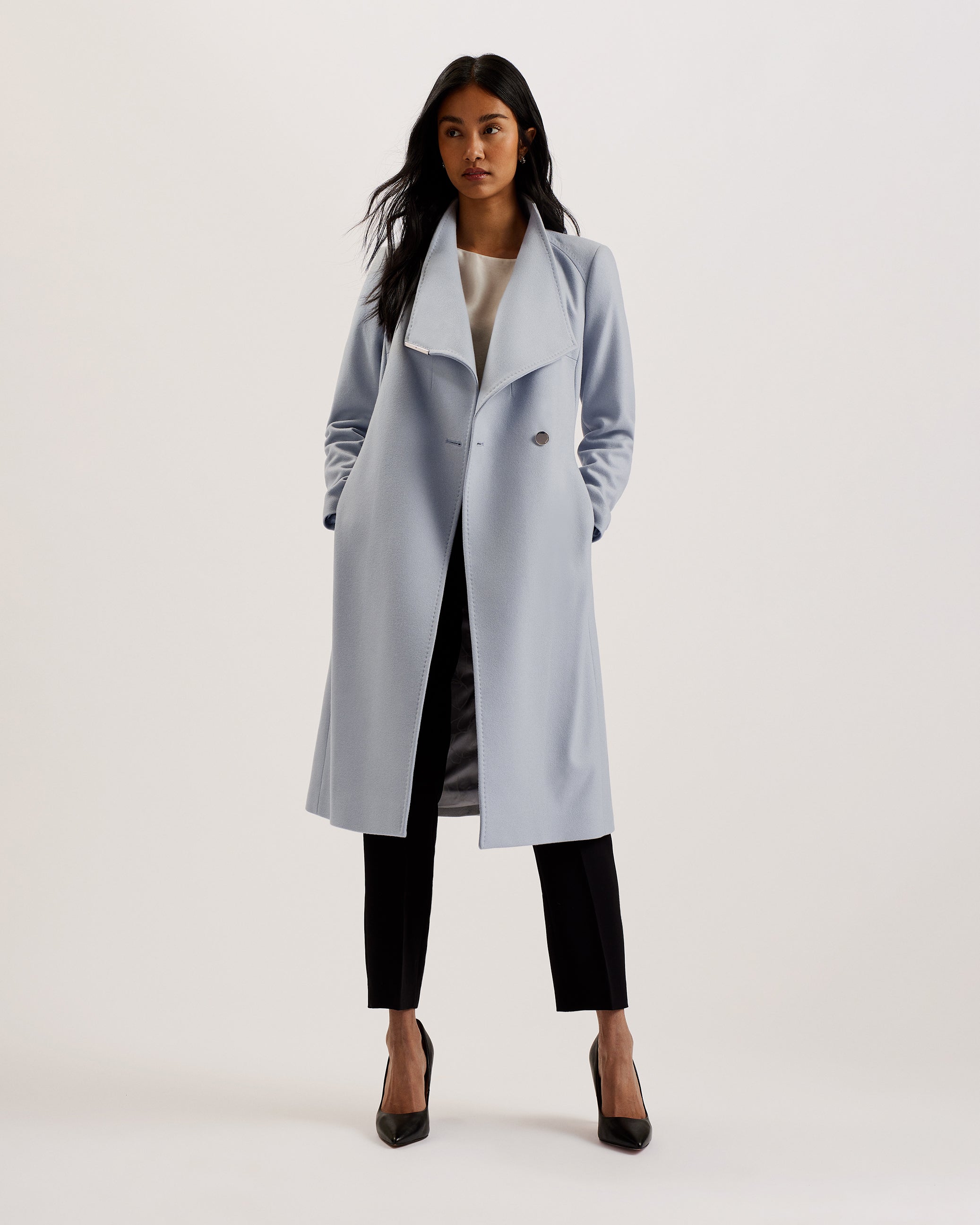 Rose Midi Length Belted Wool Wrap Coat White Grey