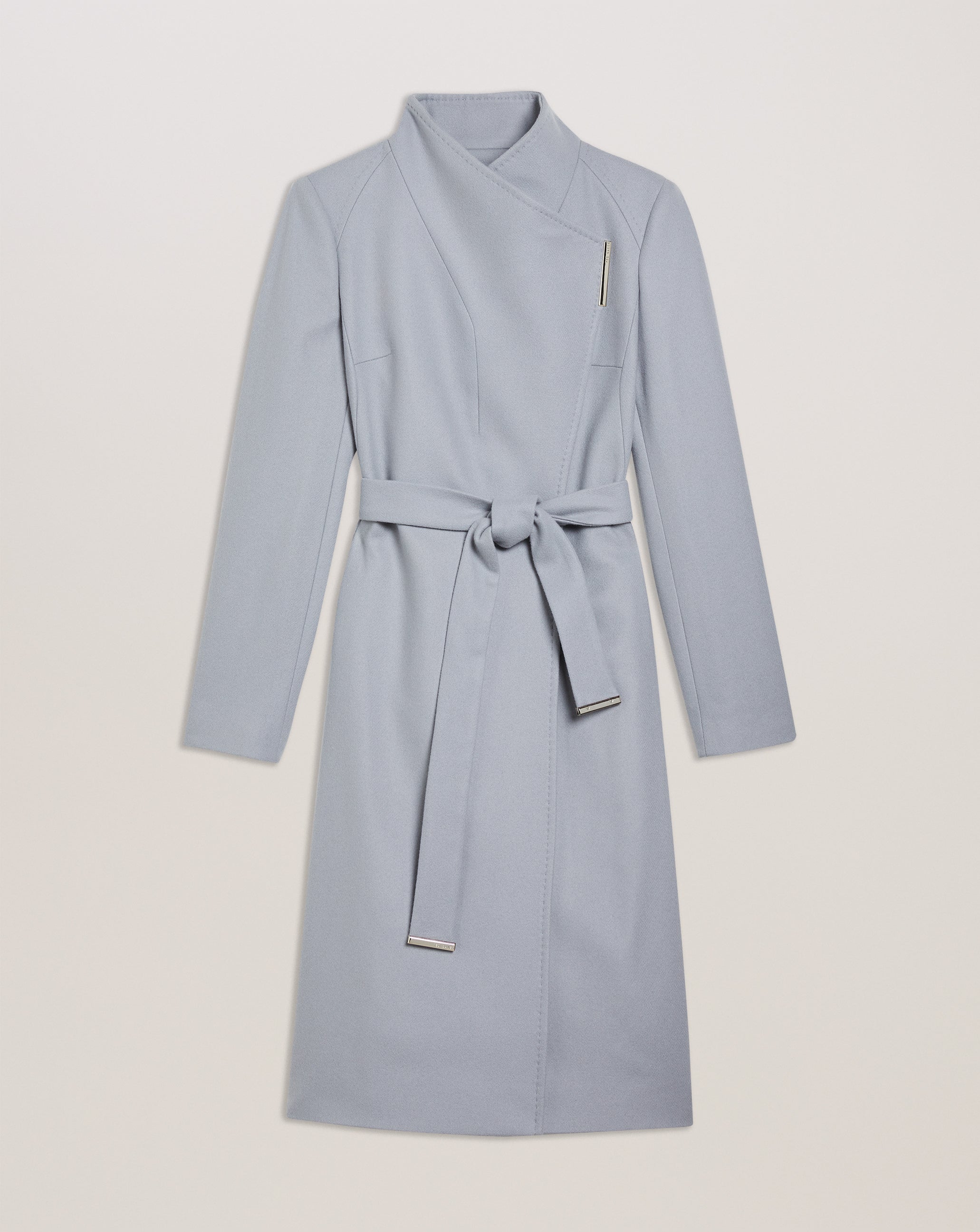 Rose Midi Length Belted Wool Wrap Coat White-Grey