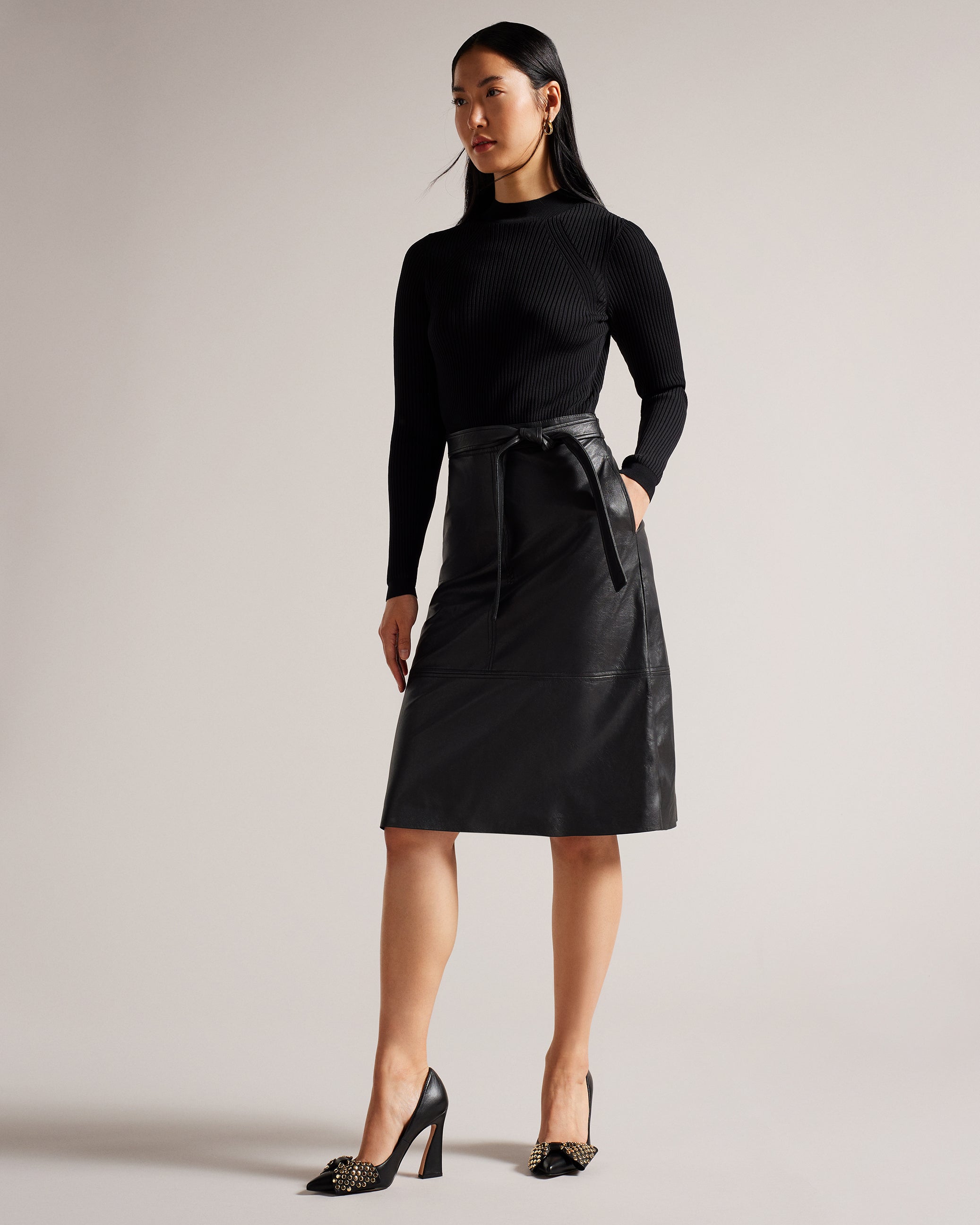 Alltaa Knit Bodice Midi Dress With Faux Leather Skirt