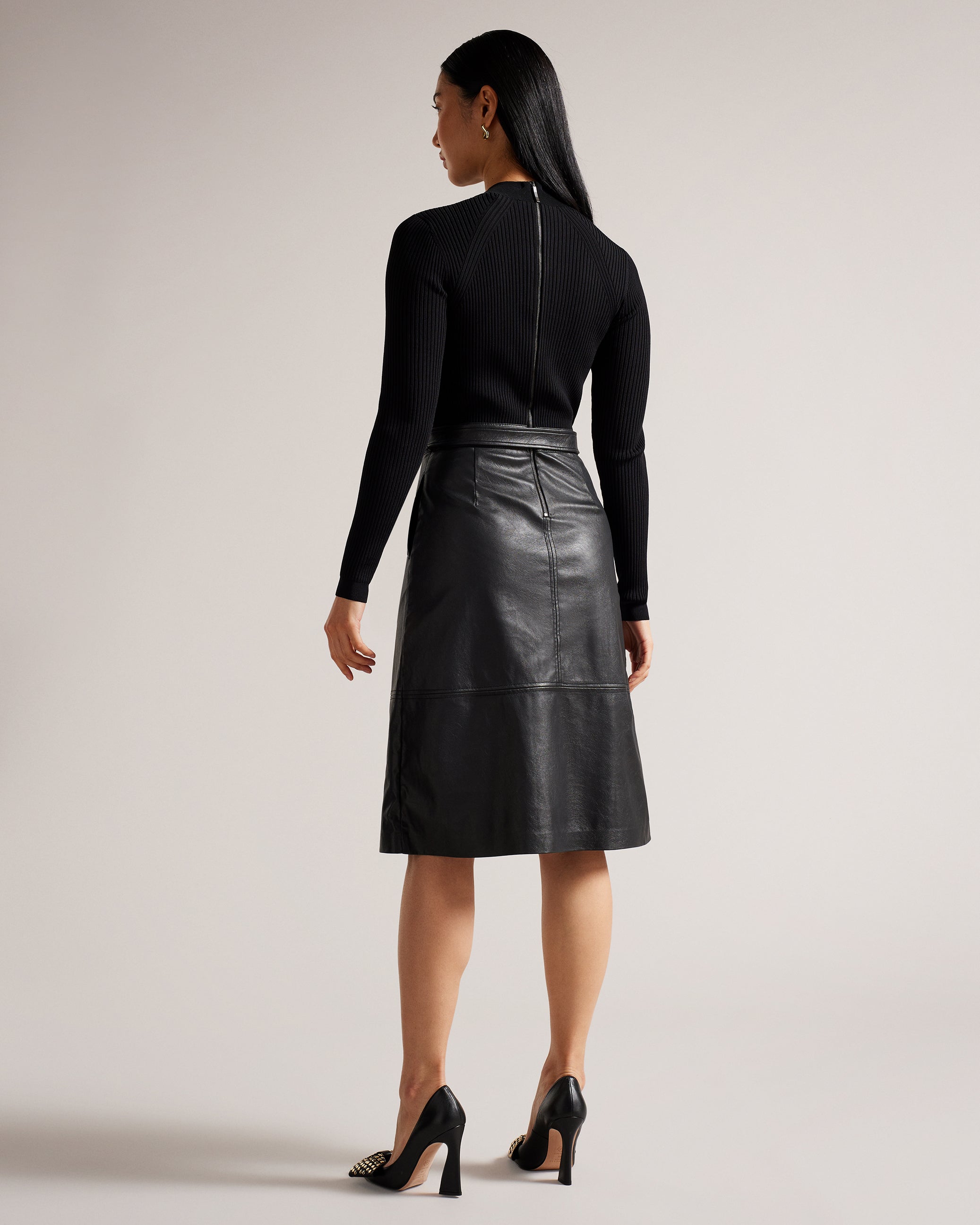 Alltaa Knit Bodice Midi Dress With Faux Leather Skirt