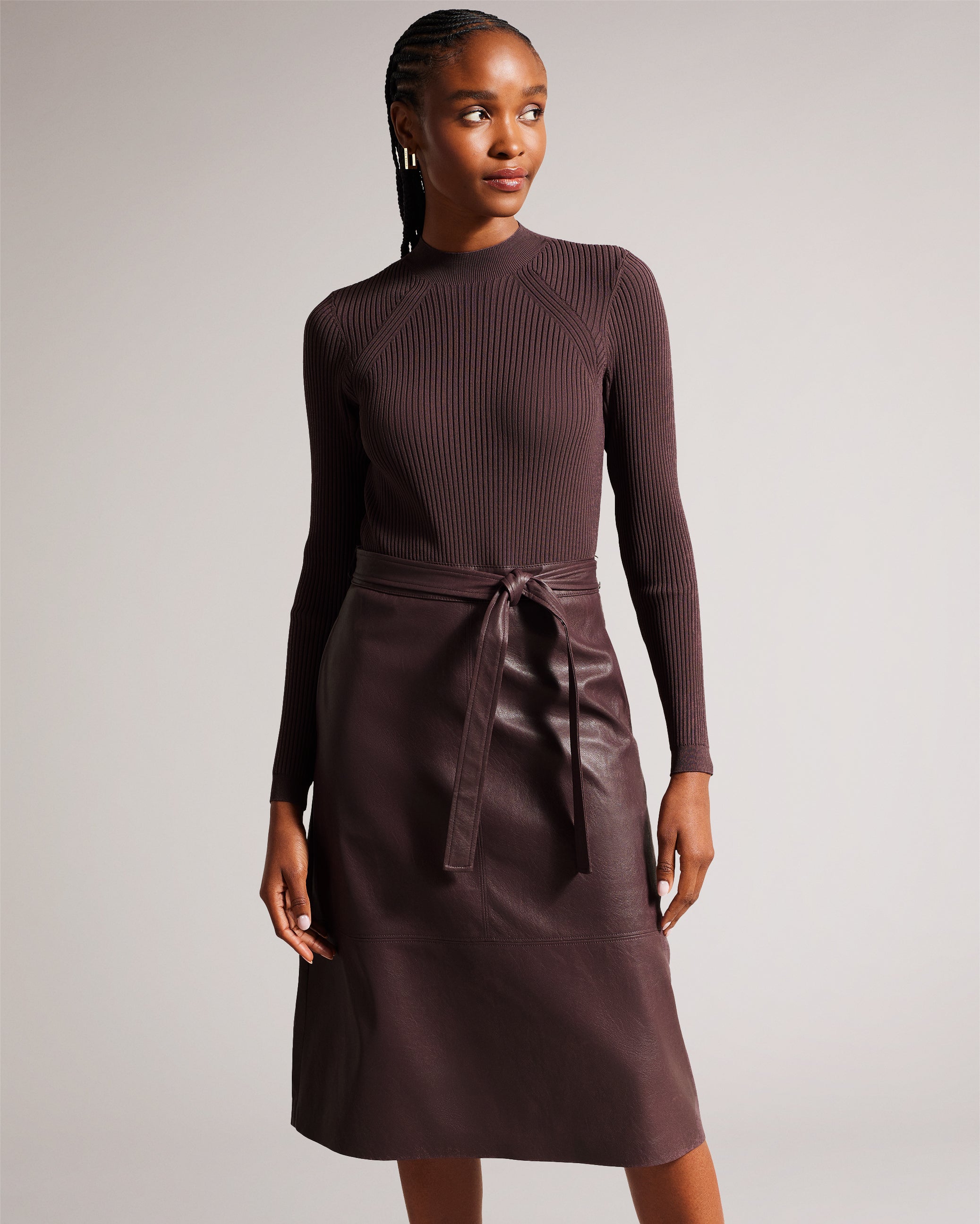 Alltaa Knit Bodice Midi Dress With Faux Leather Skirt