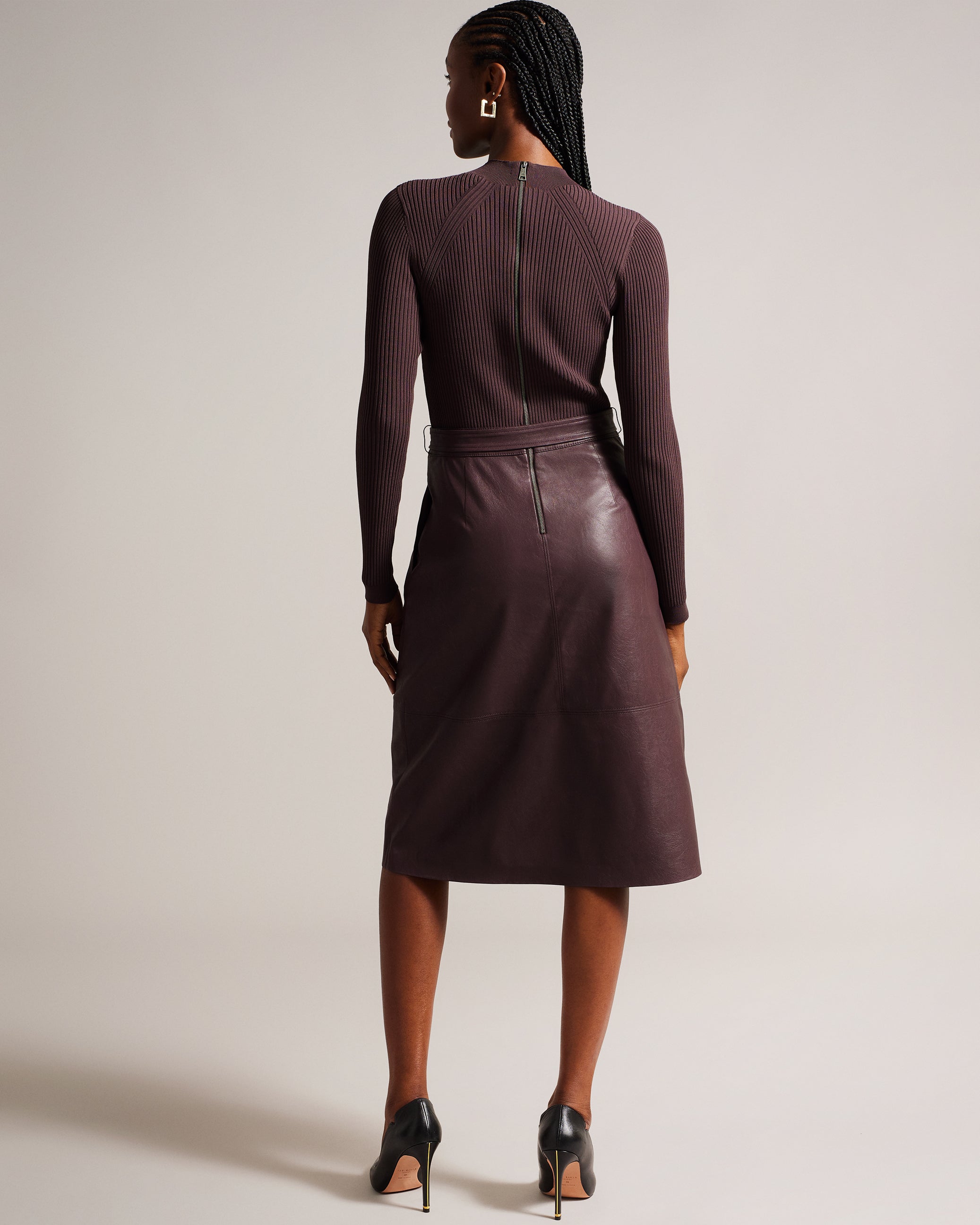 Alltaa Knit Bodice Midi Dress With Faux Leather Skirt