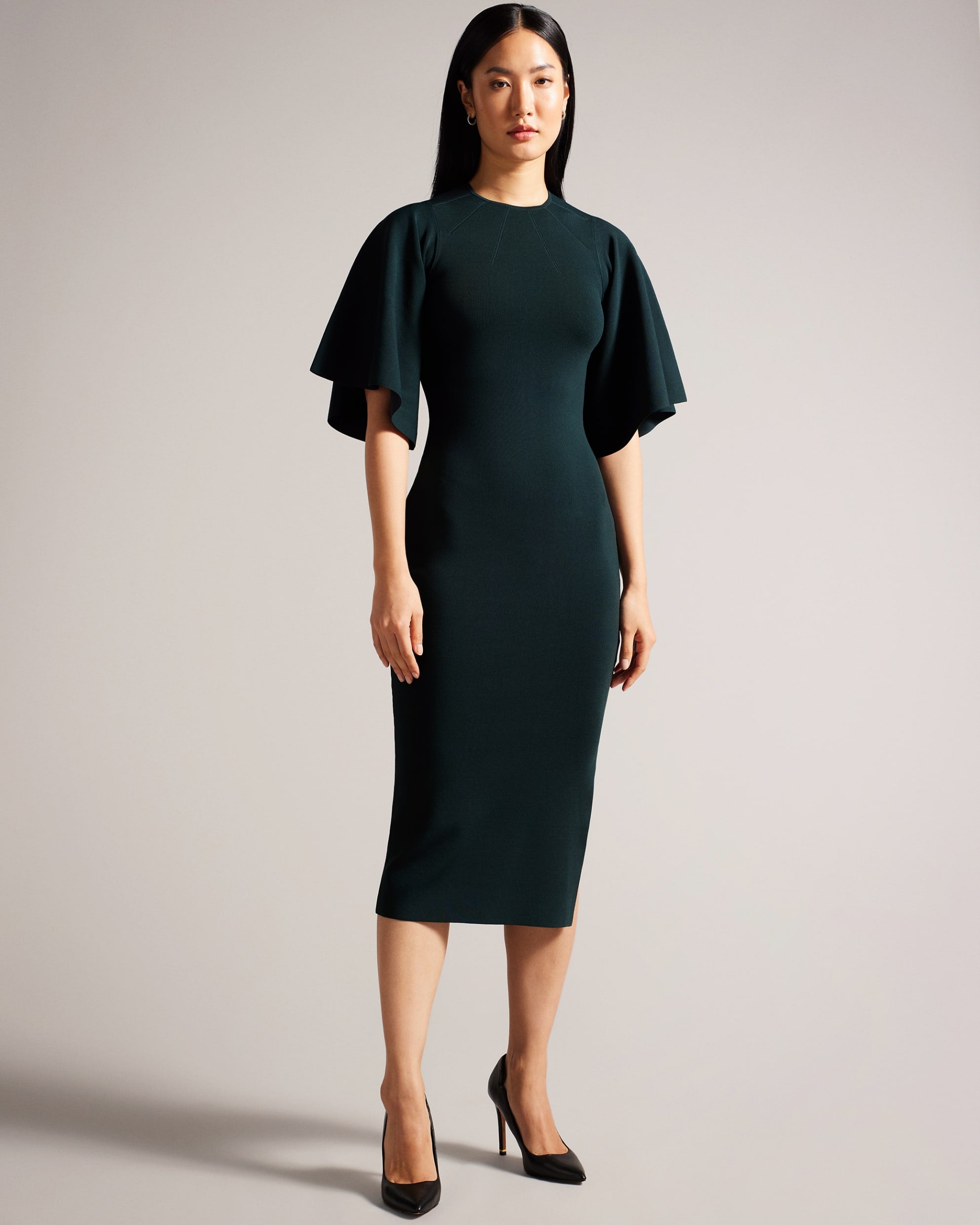 Lounia Fluted Sleeve Knitted Bodycon Midi Dress Dk-Green