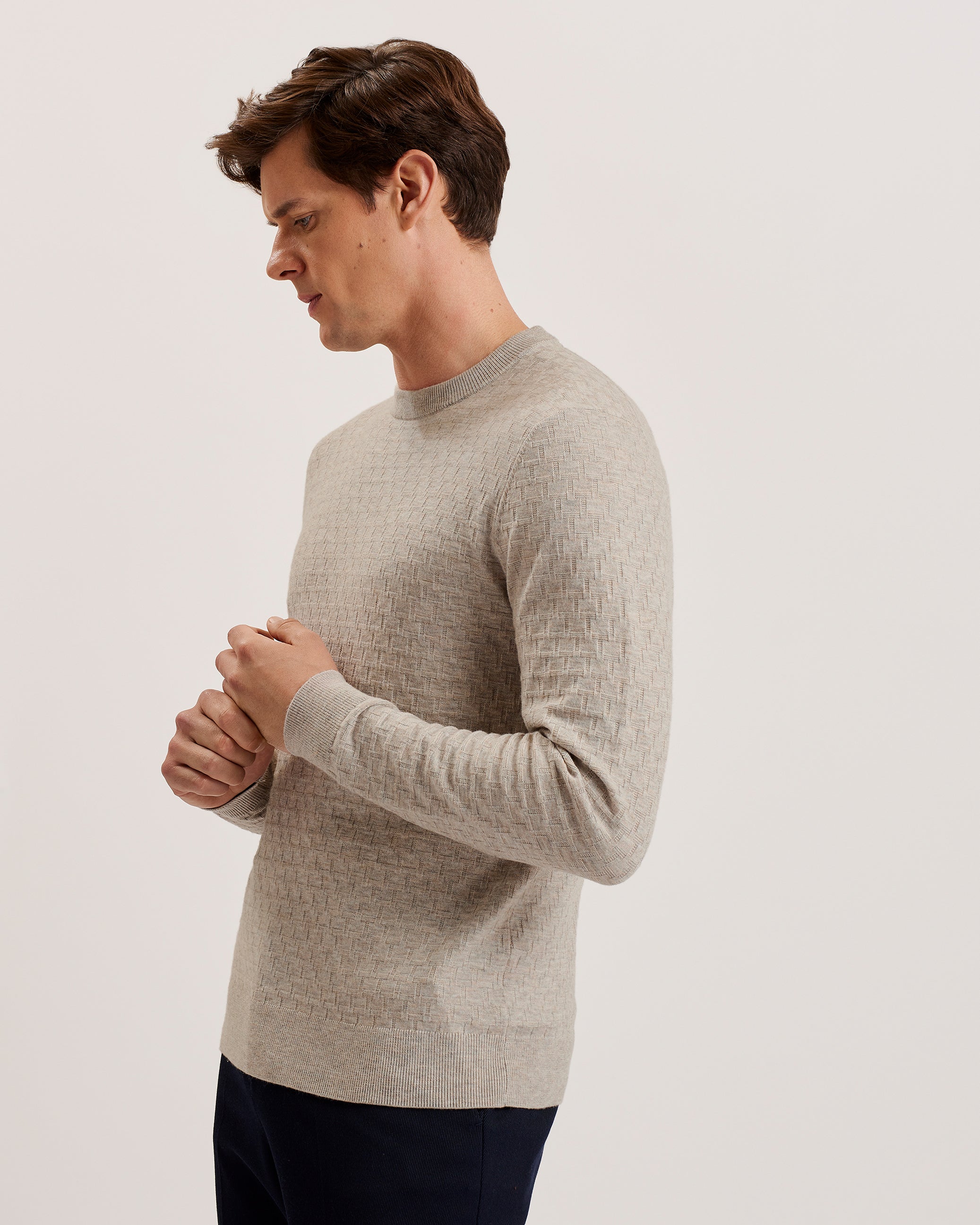 Loung Ls Diamond Stitch Crew Neck Taupe