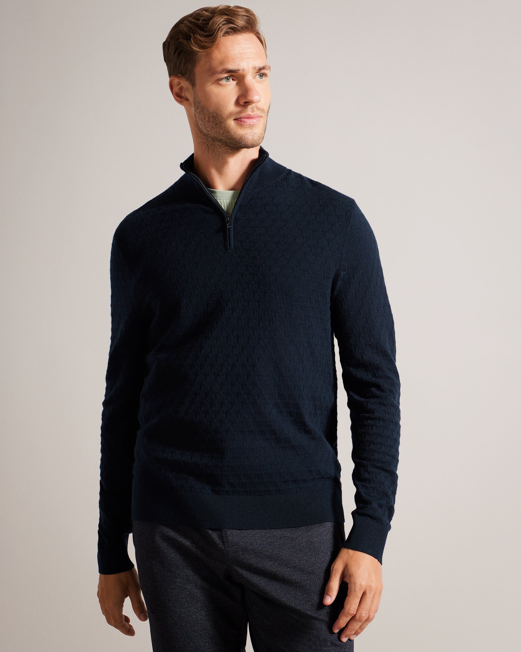 Kurnle Long Sleeve T Stitch Knitted Half Zip Navy