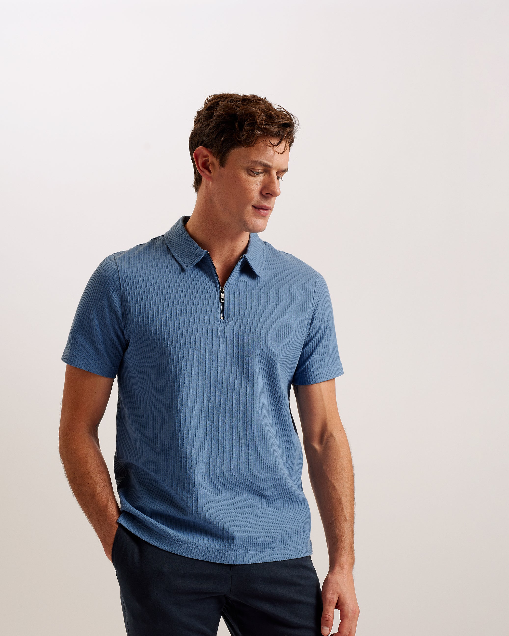Zarkes Short Sleeve Ribbed Zip Polo Shirt Blue