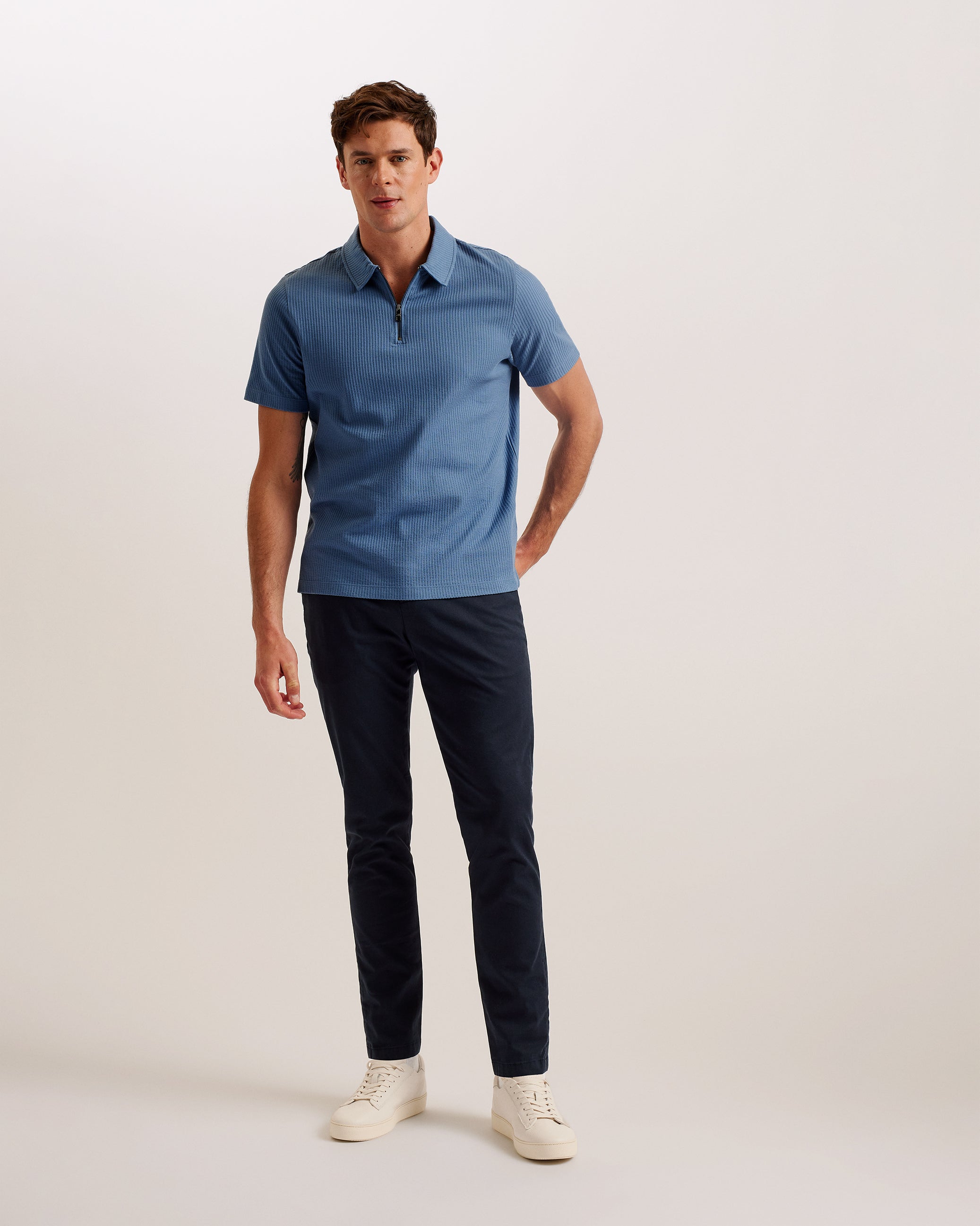 Zarkes Short Sleeve Ribbed Zip Polo Shirt Blue