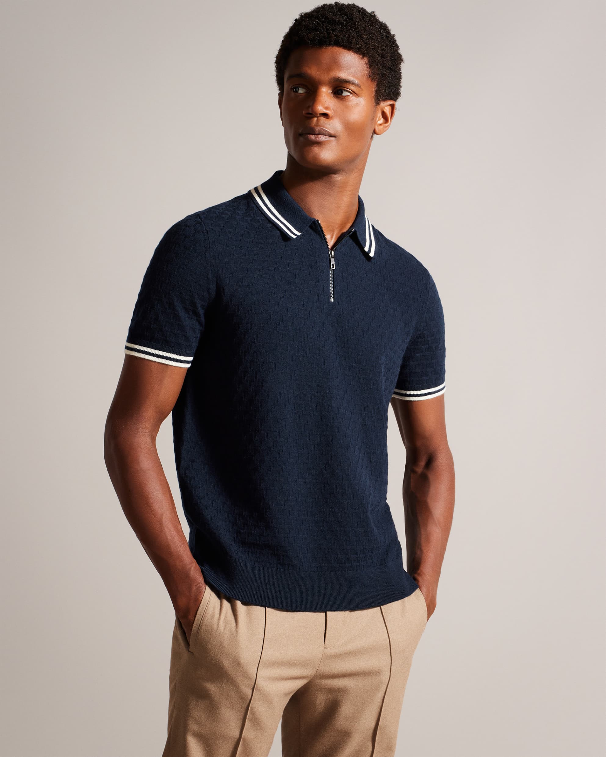 Mahani Short Sleeve T Textured Polo Shirt Navy
