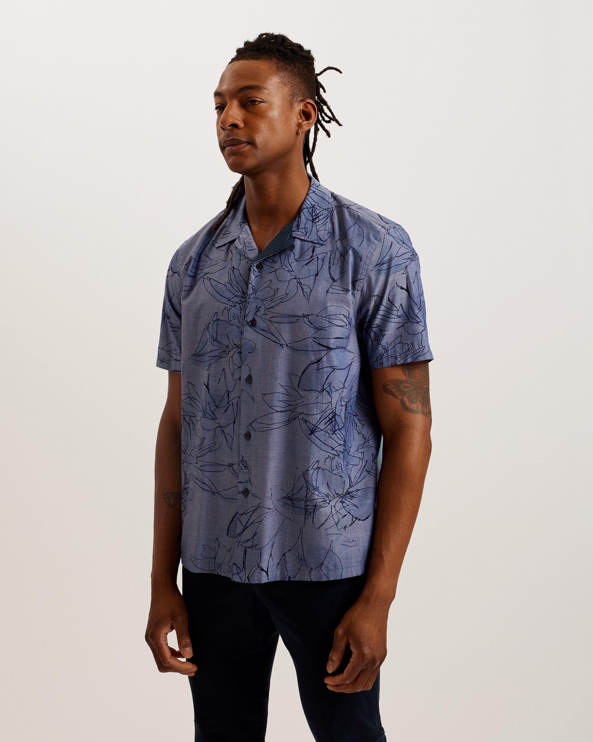 Terroni Ss Regular Chambray Floral Shirt Dk-Blue