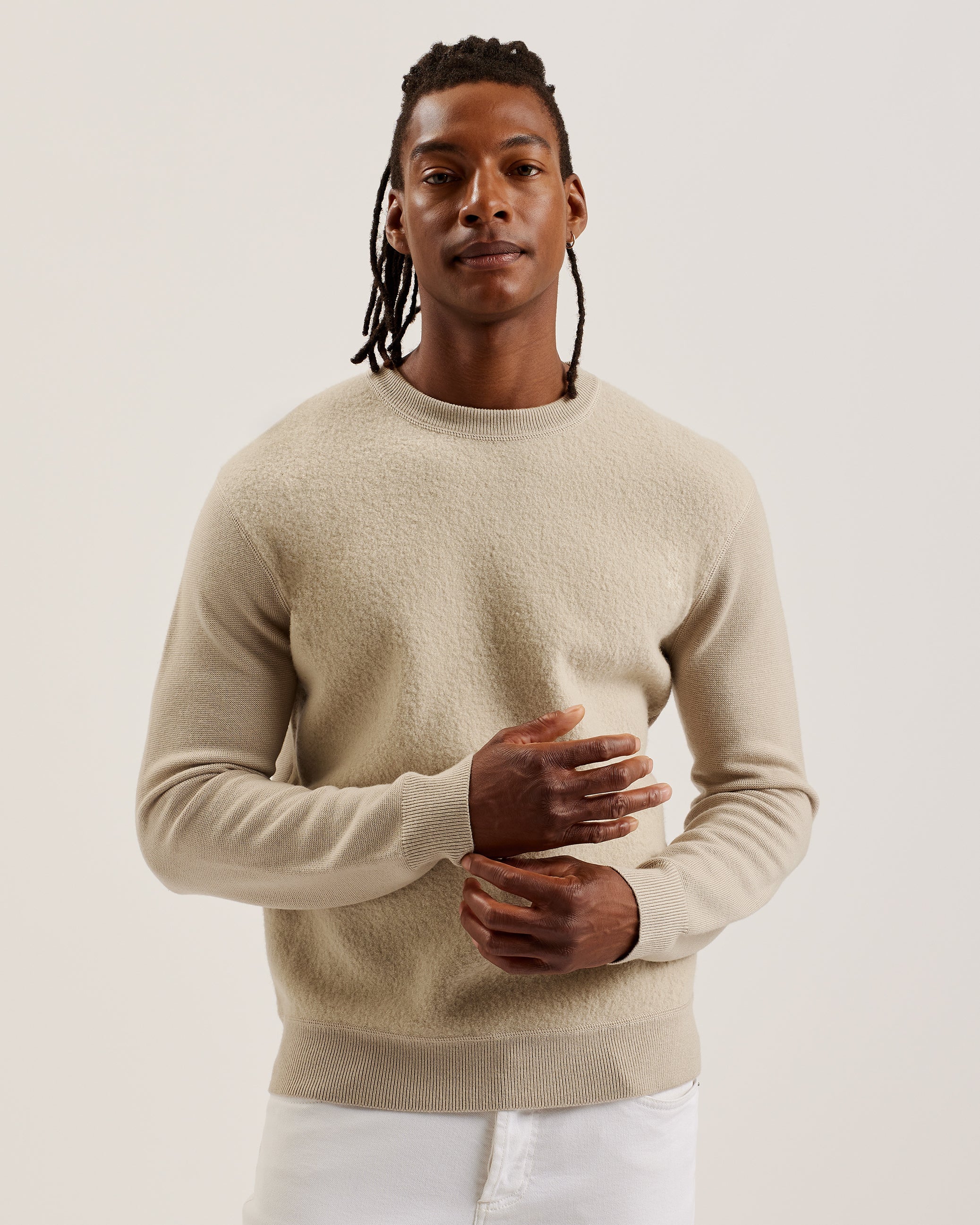 Olmste Long Sleeve Boucle Wool Stitch Crew Neck Taupe