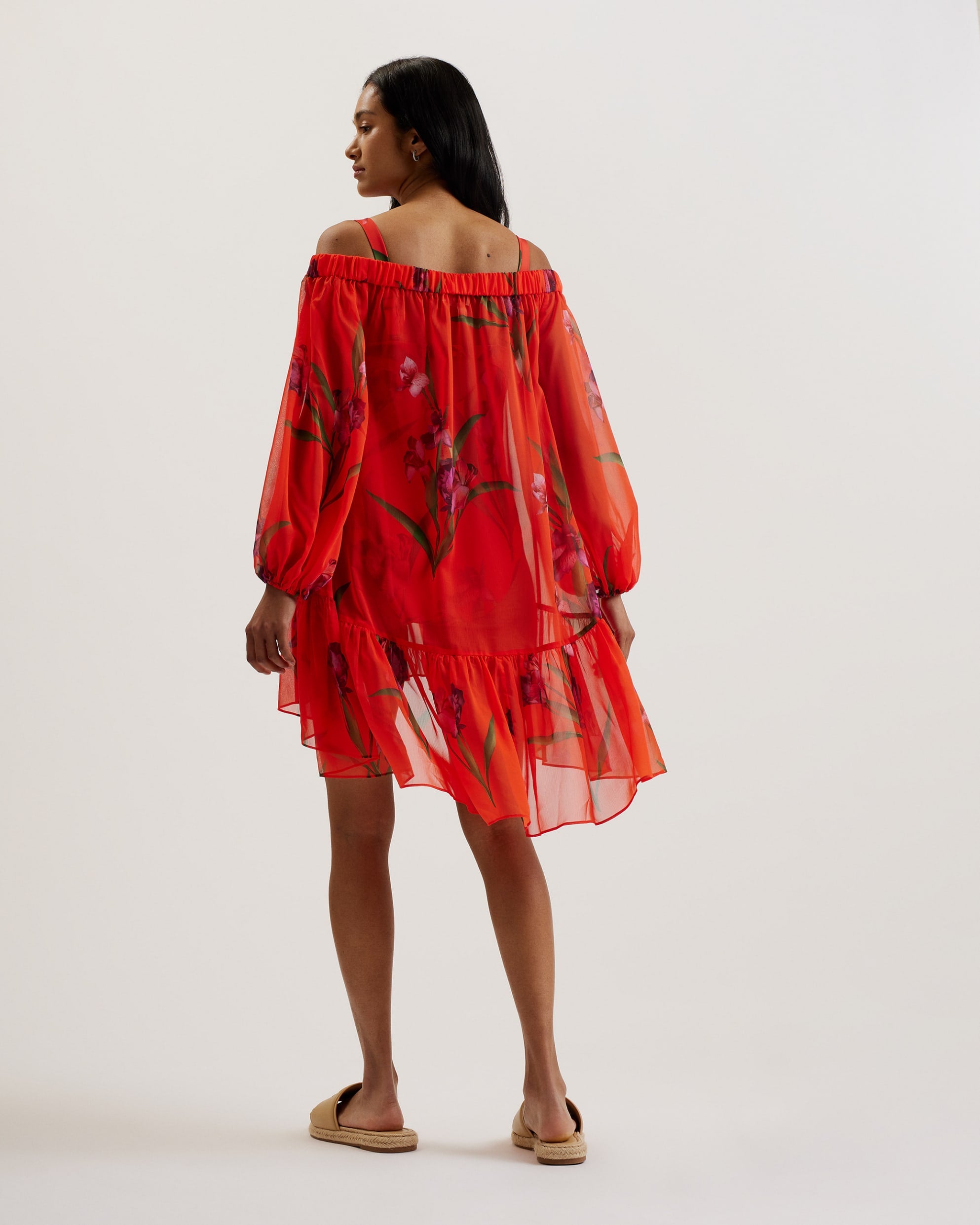 Ariizon Floral Bardot Beach Cover Up Brt-Red