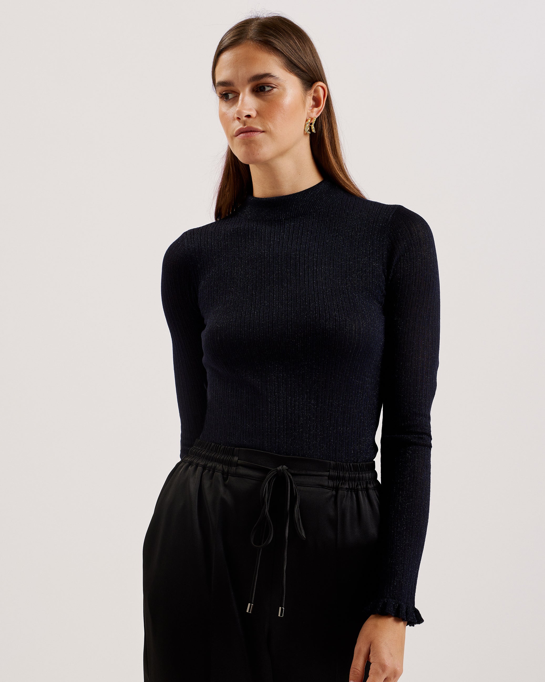 Raineee Metallic Ribbed Funnel Neck Jumper Navy