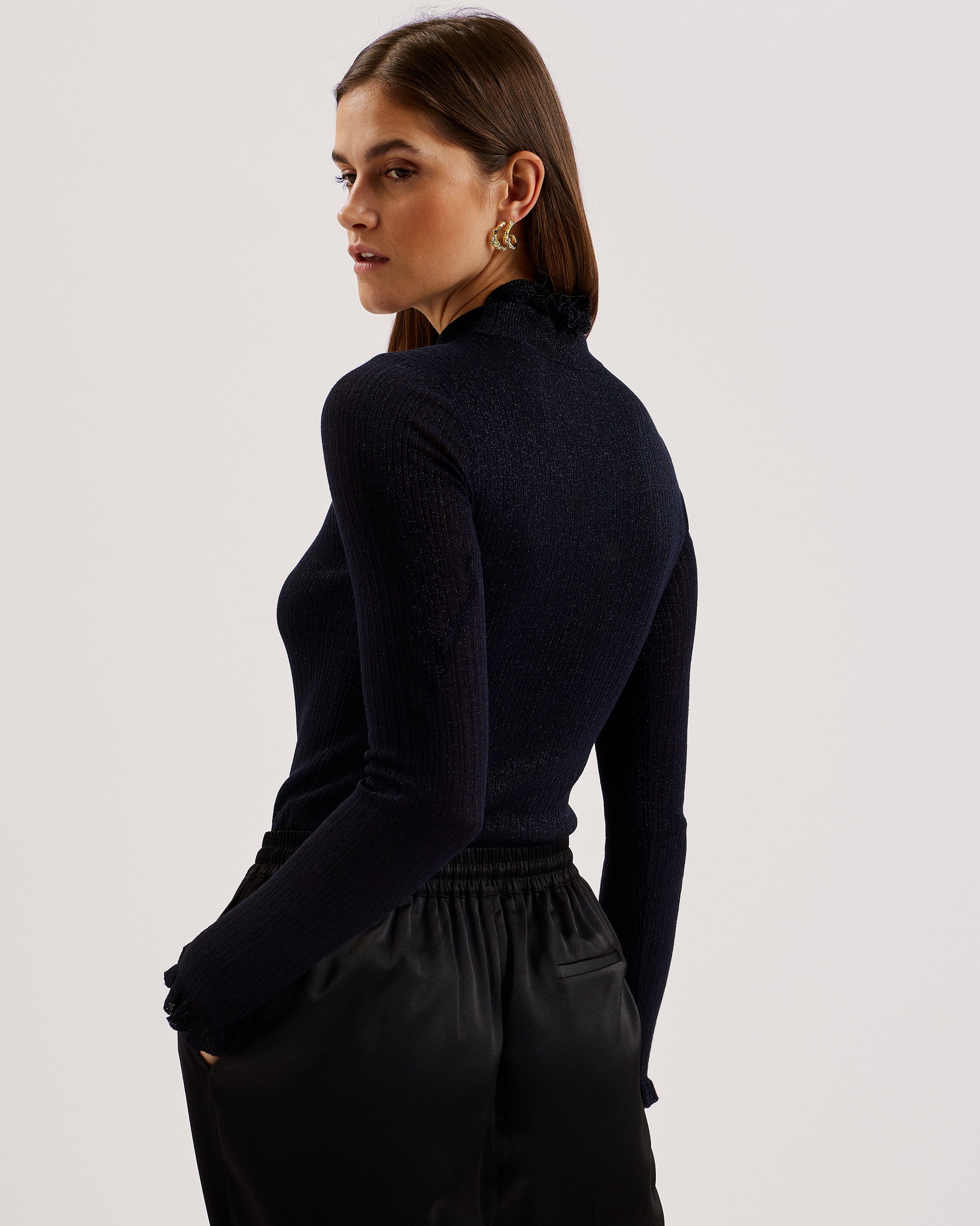 Raineee Metallic Ribbed Funnel Neck Jumper Navy