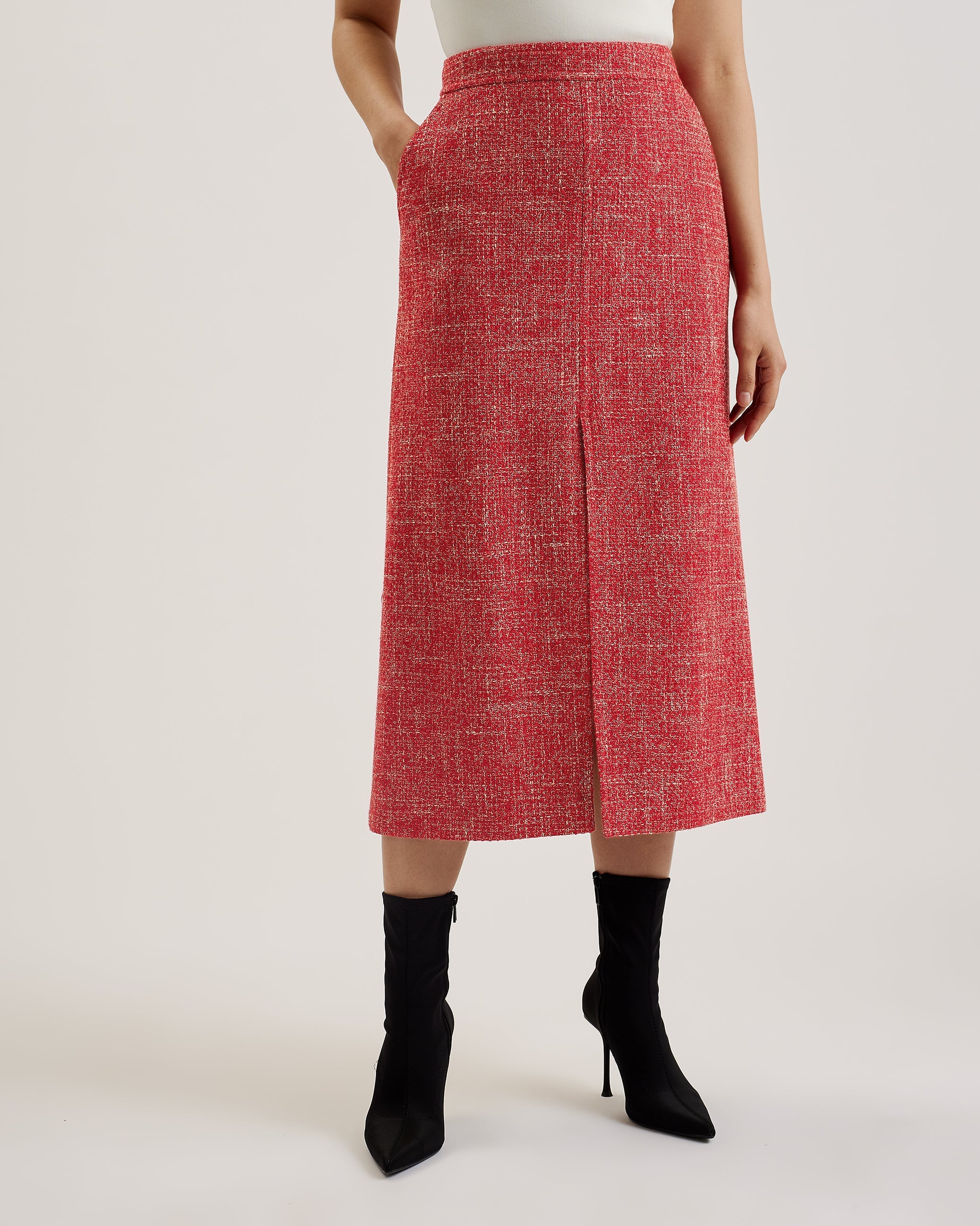 Sumis Boucle Midi Skirt With Centre Front Slit Red