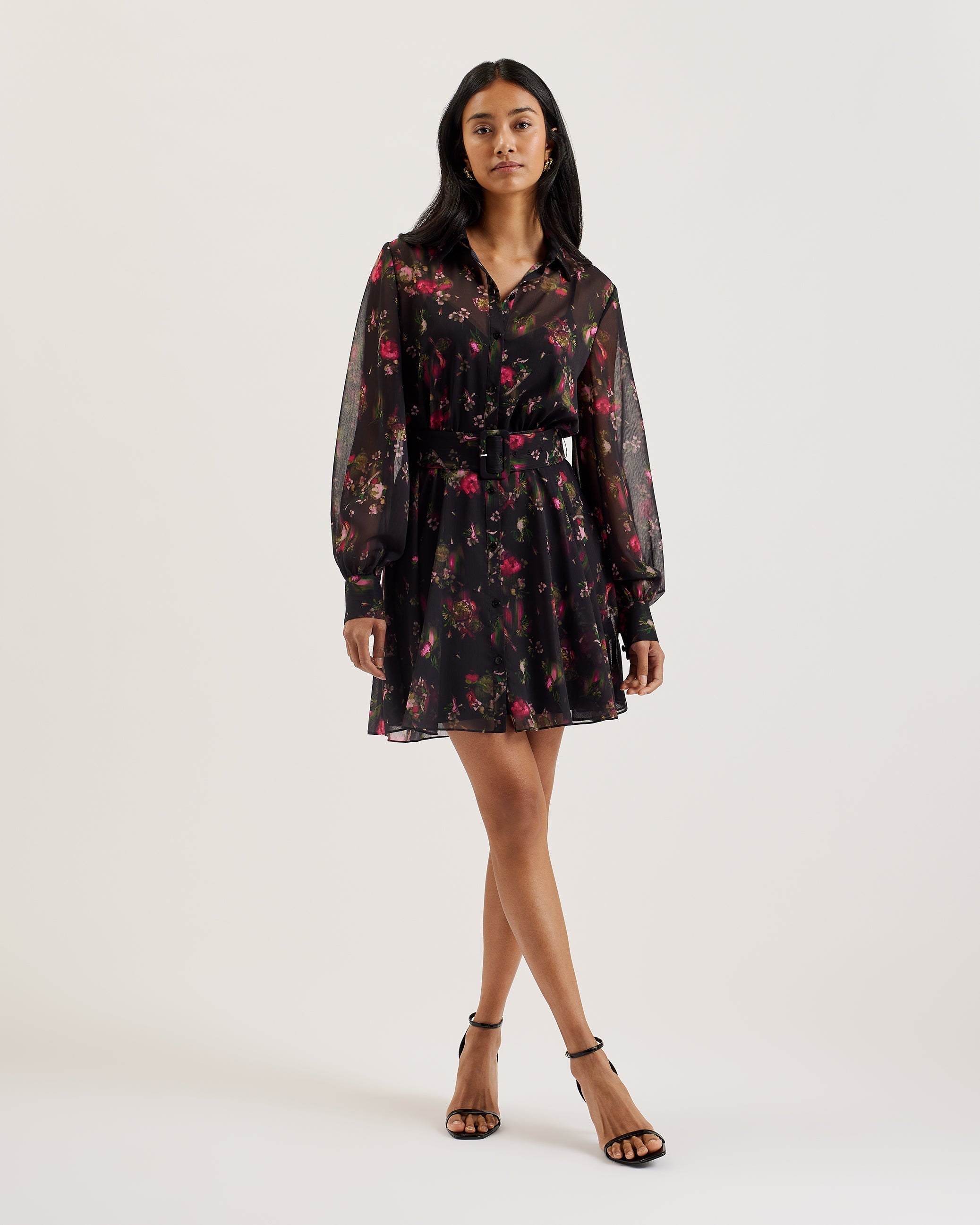 Ebene Collared Printed Button Down Mini Dress Black