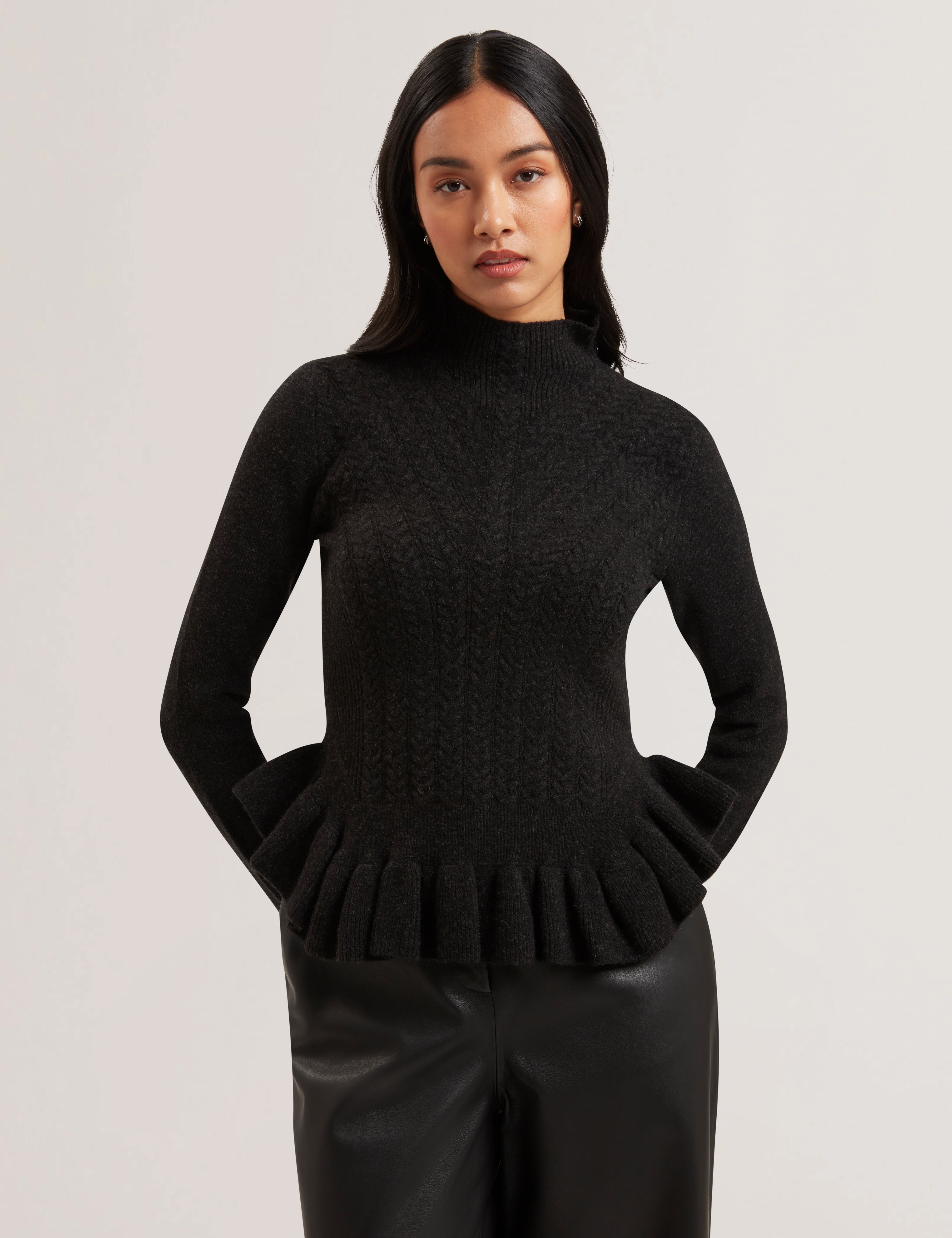 Violha Cropped Peplum Cable Knit Sweater Dk-Grey