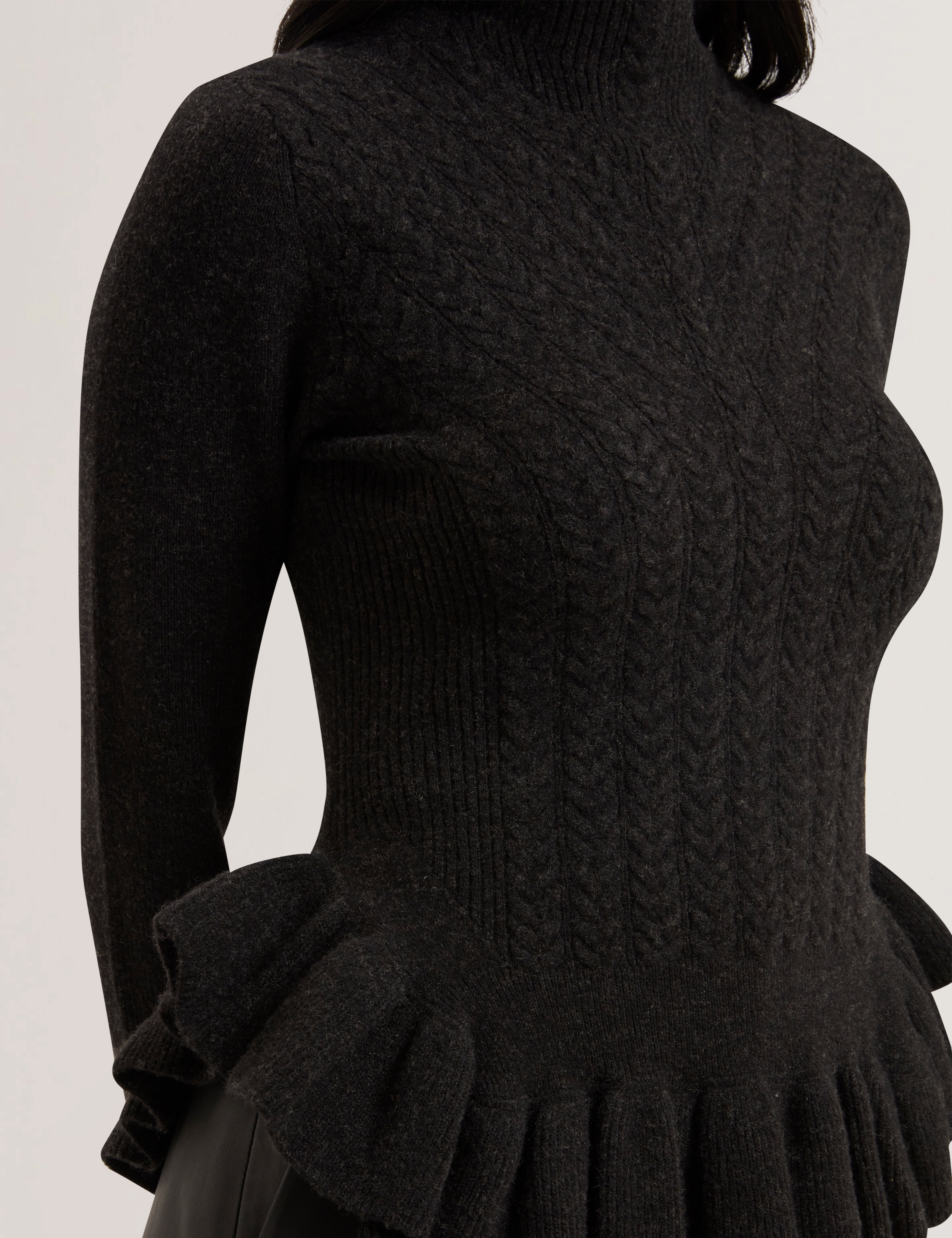 Violha Cropped Peplum Cable Knit Sweater Dk-Grey