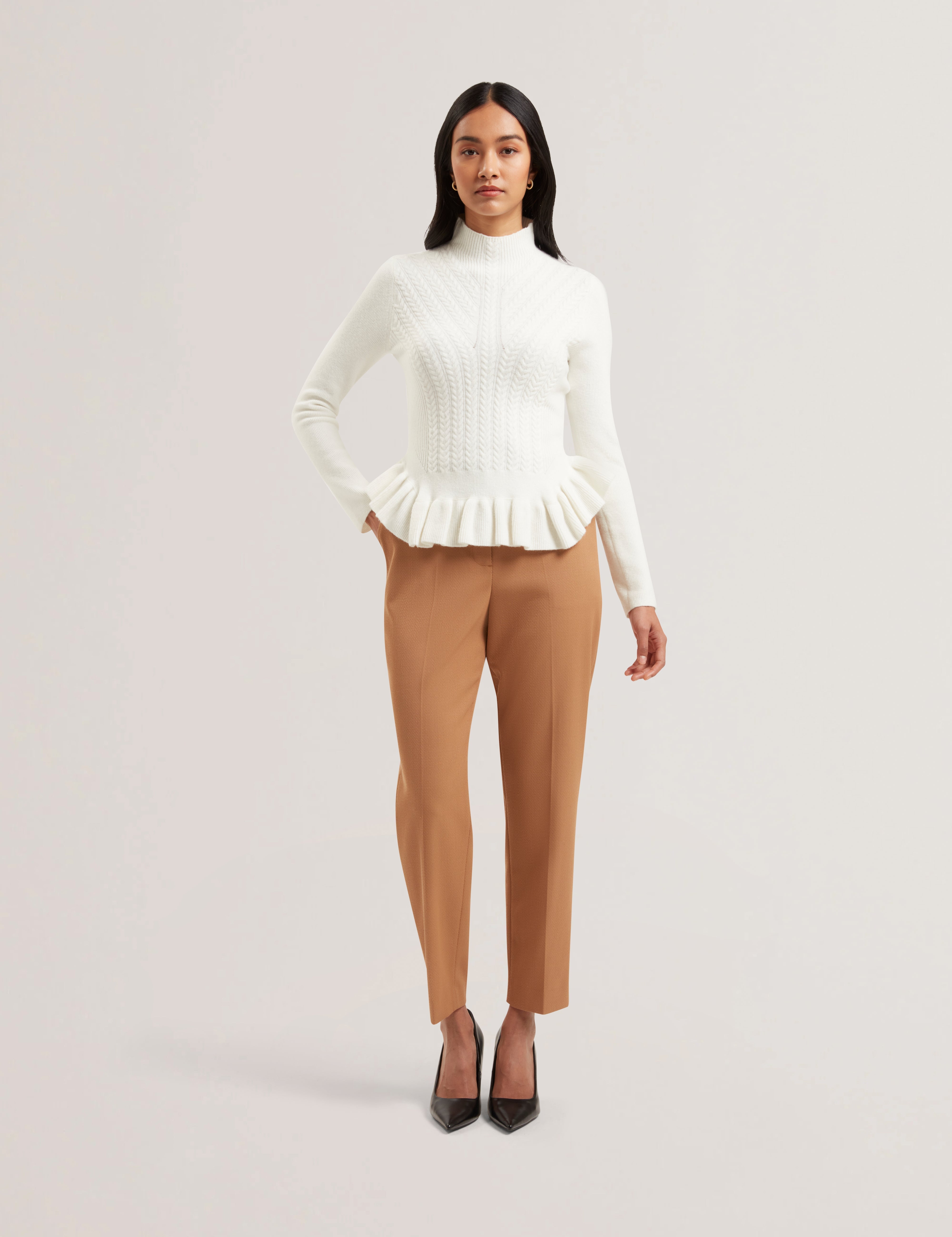 Violha Cropped Peplum Cable Knit Sweater Ivory