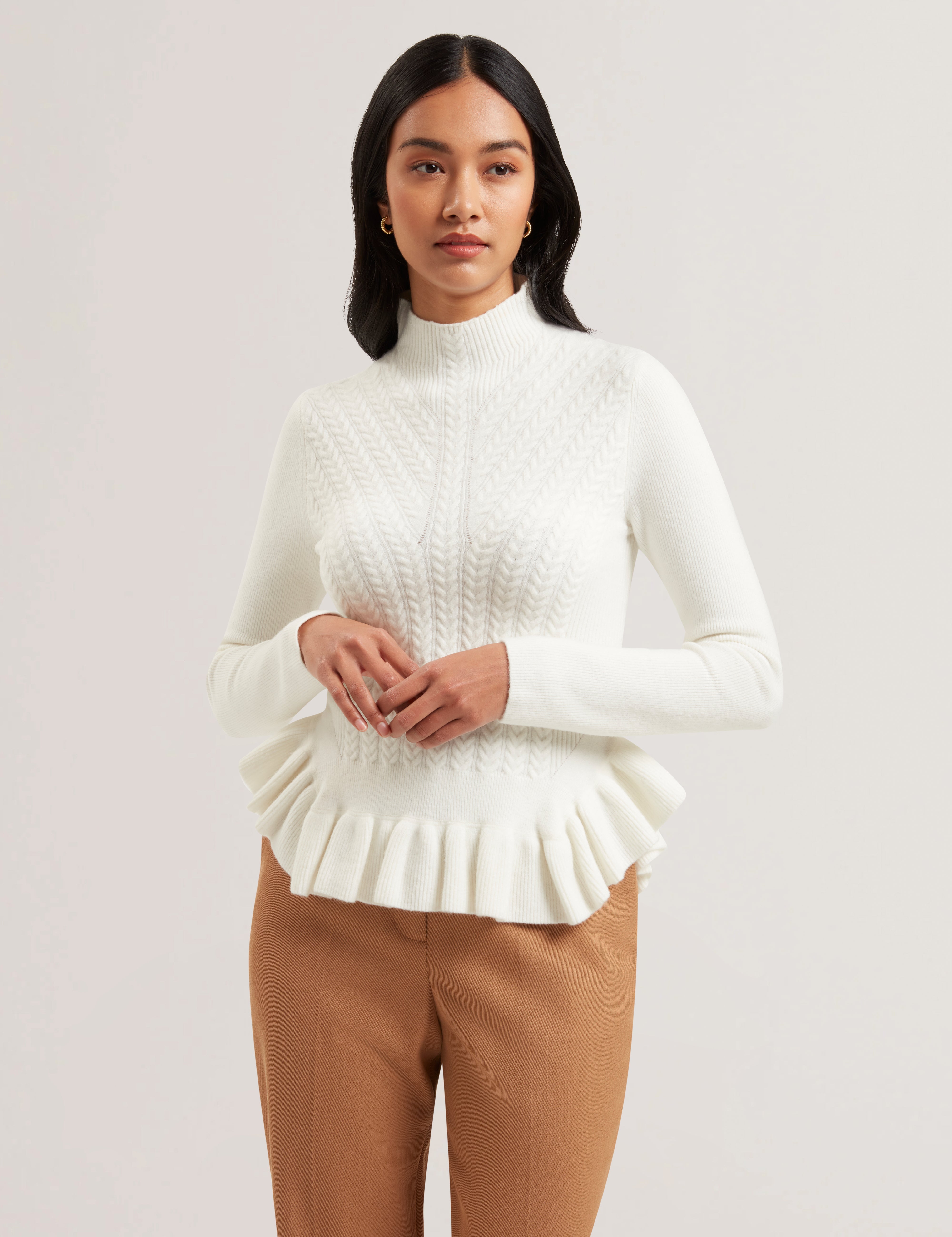 Violha Cropped Peplum Cable Knit Sweater Ivory