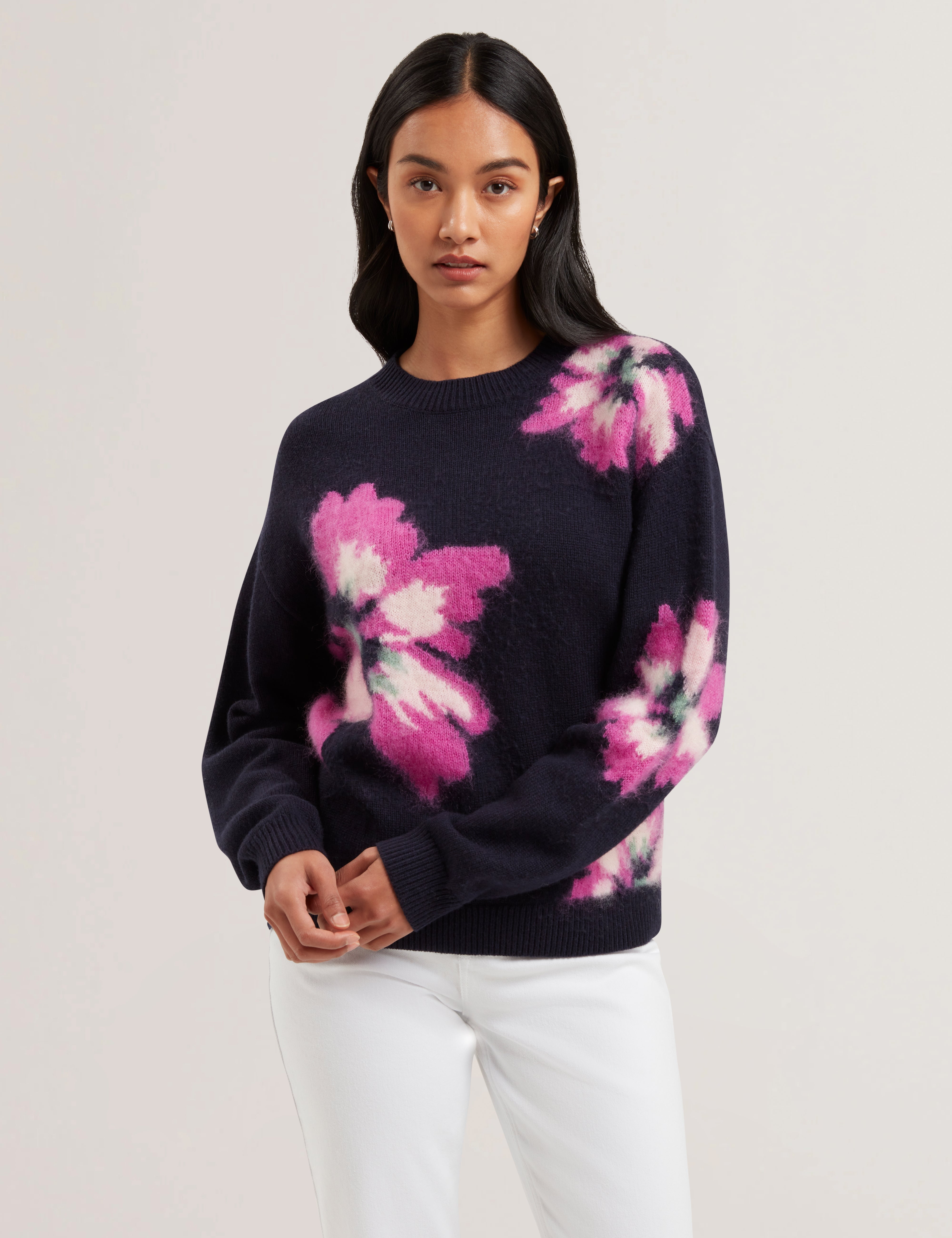 Pipann Intarsia Knitted Floral Sweater Navy