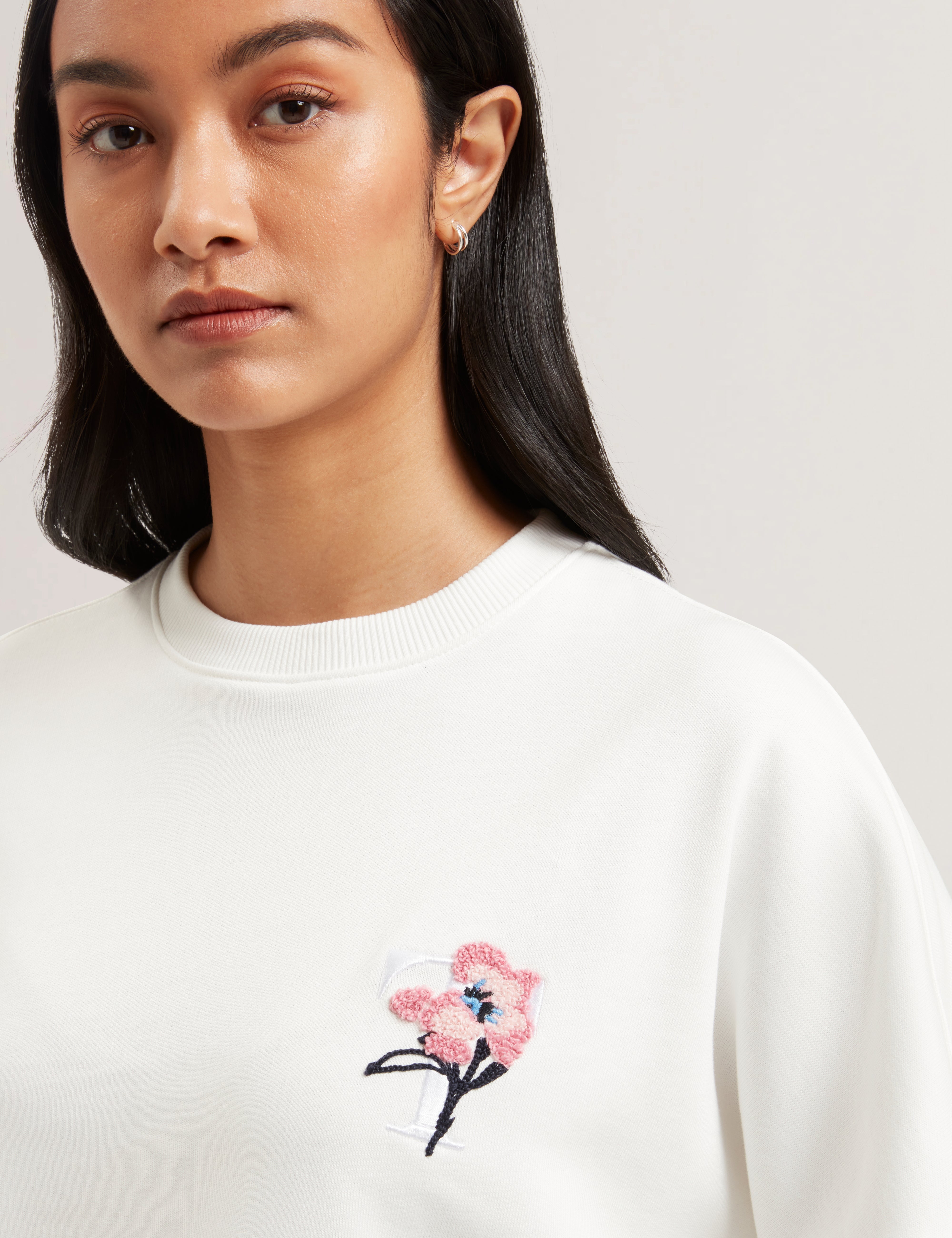 Janettt Embroidered Logo Balloon Sleeve Sweat Ivory