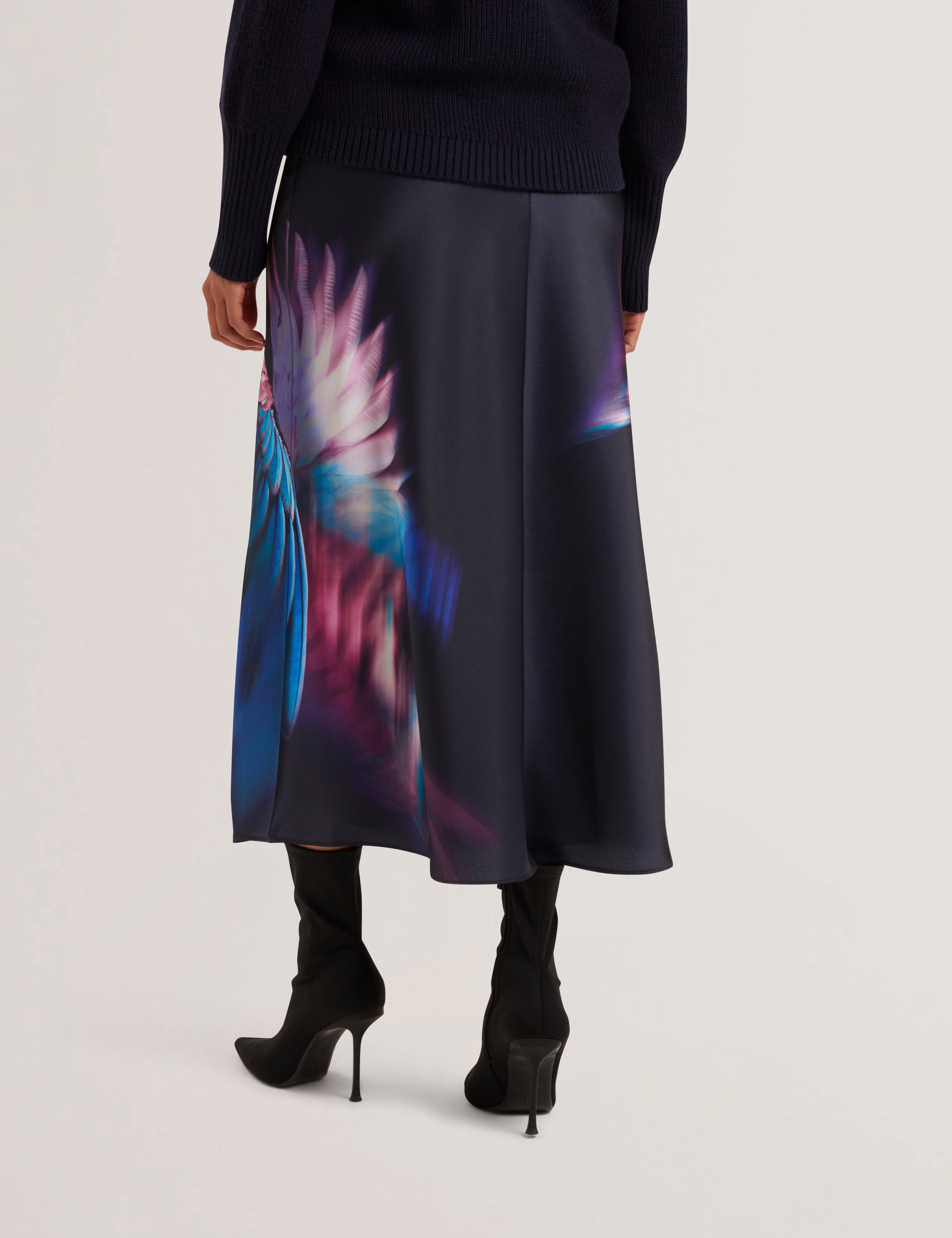 Gilao Printed Midi Bias Cut Skirt Navy