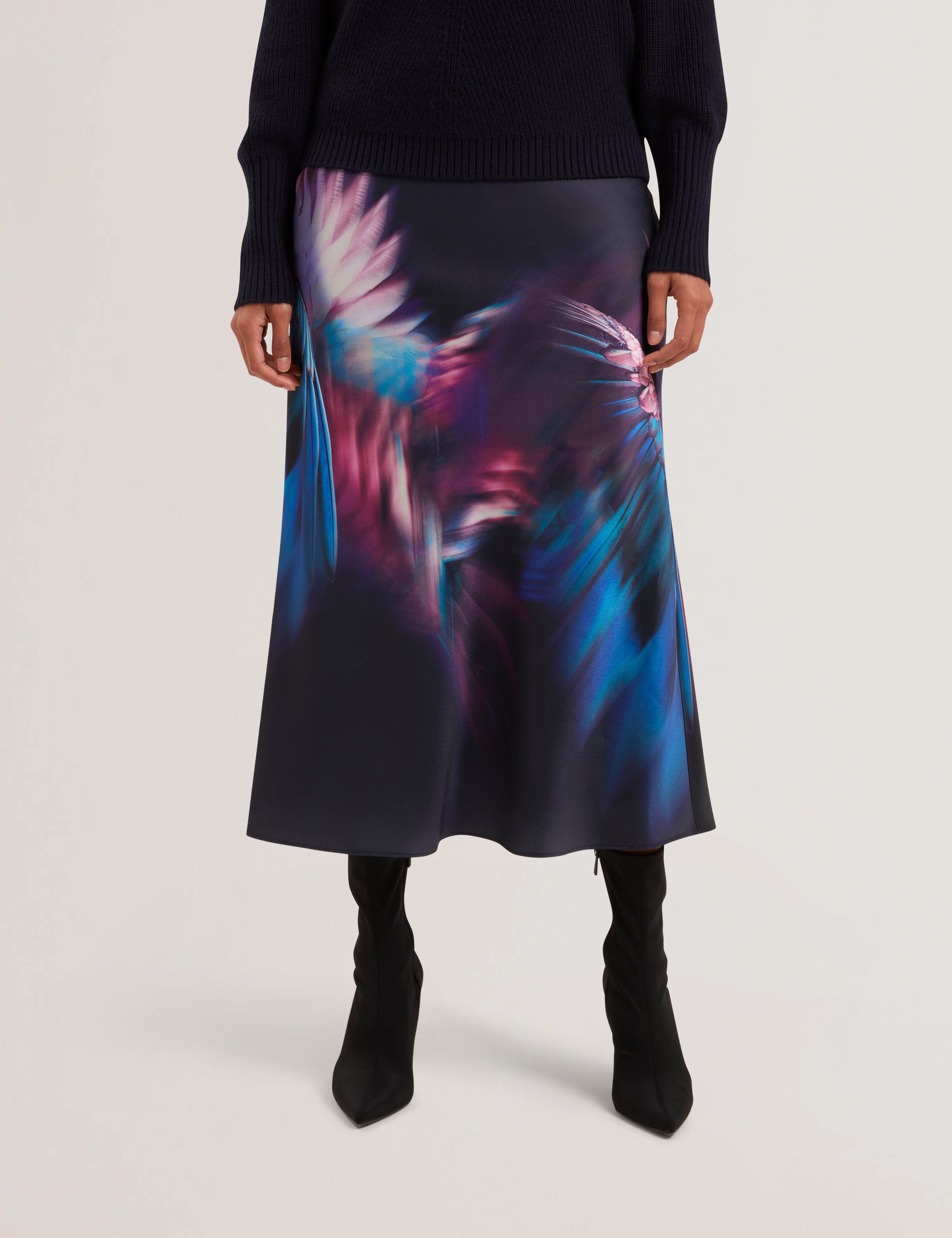 Gilao Printed Midi Bias Cut Skirt Navy