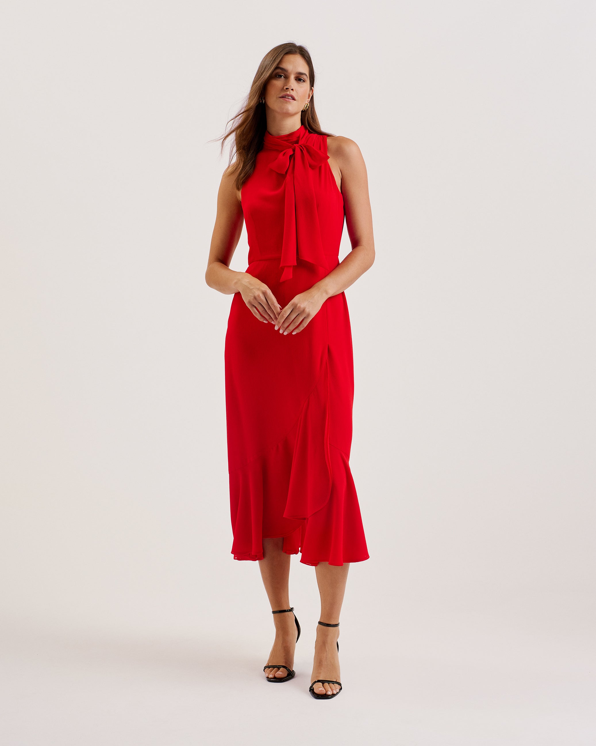 Rowaa Sleeveless Scarf Detail Midi Dress Red