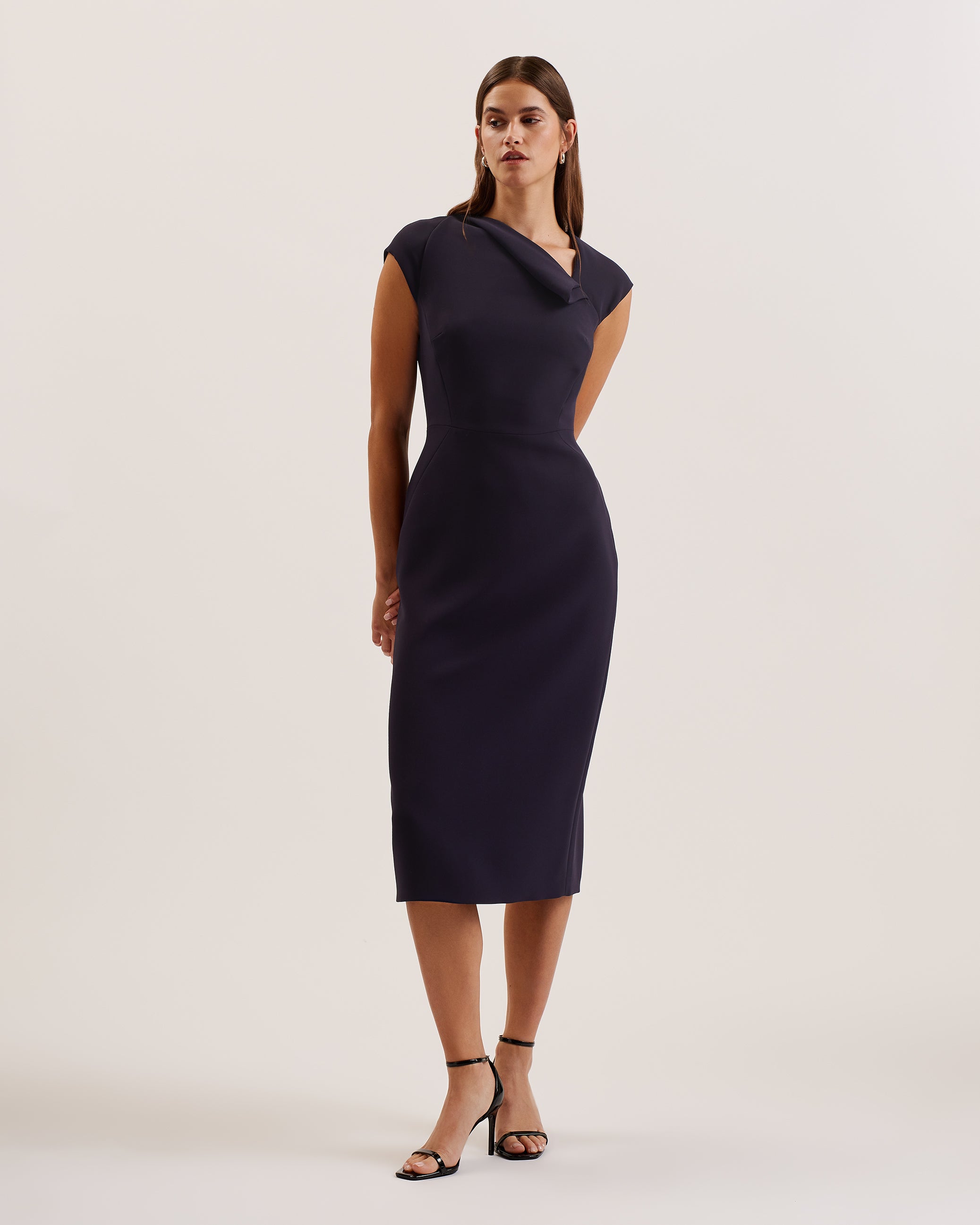 Bayree Asymmetric Folded Neckline Midi Dress Navy