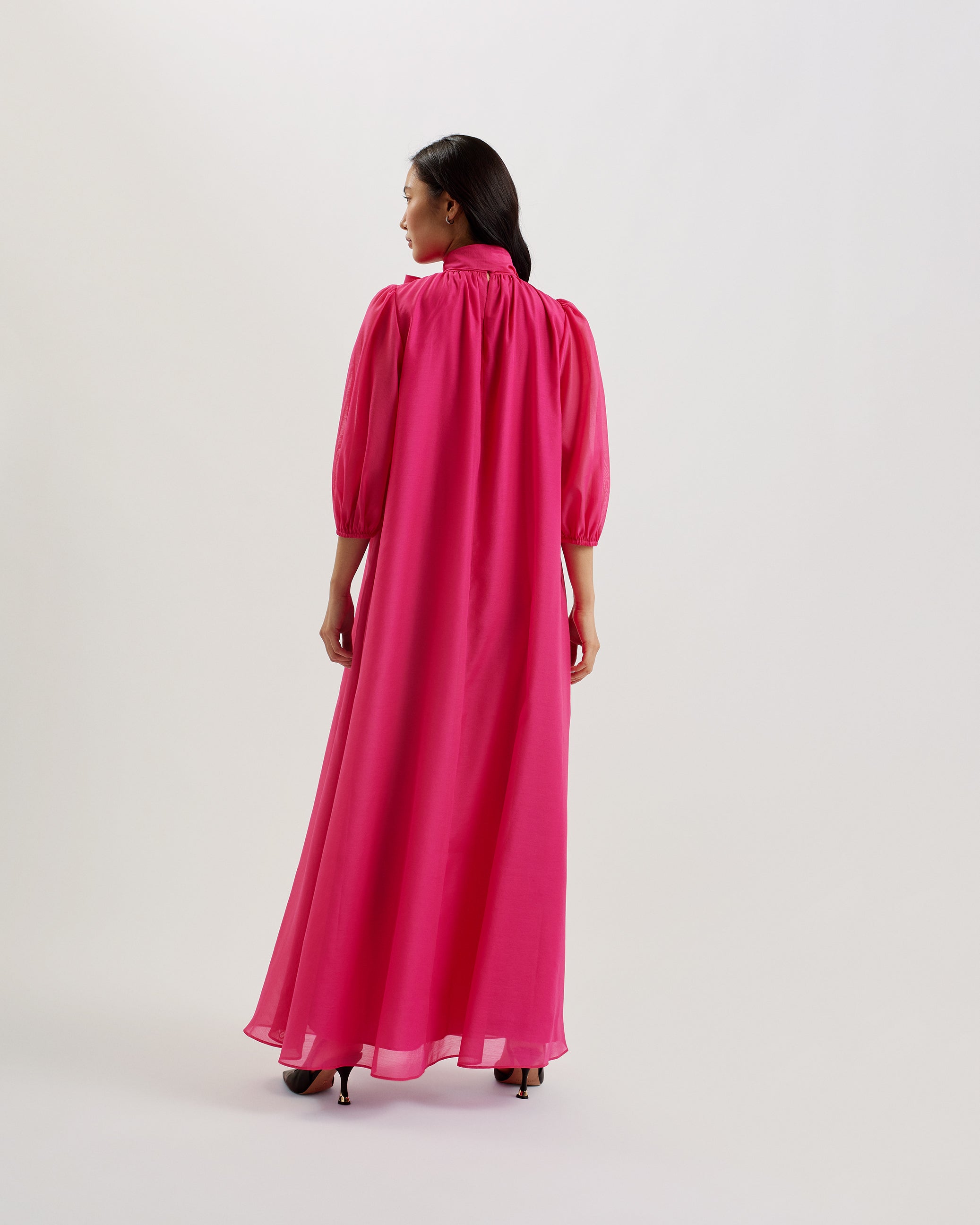 Adaifi Sheer Organza Tie Neck Maxi Dress Brt-Pink