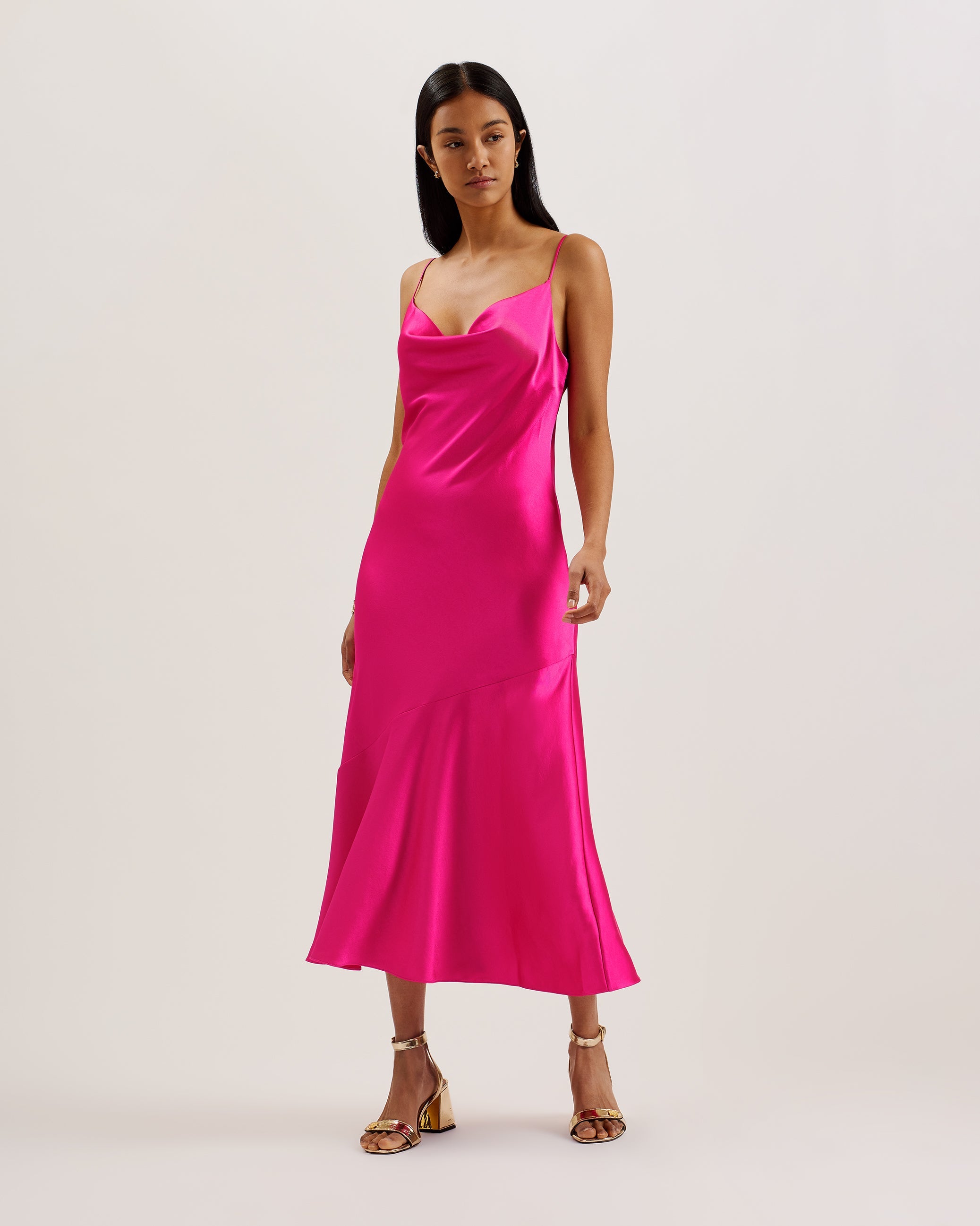 Tunca Satin Cowl Neck Evening Midi Dress Brt-Pink