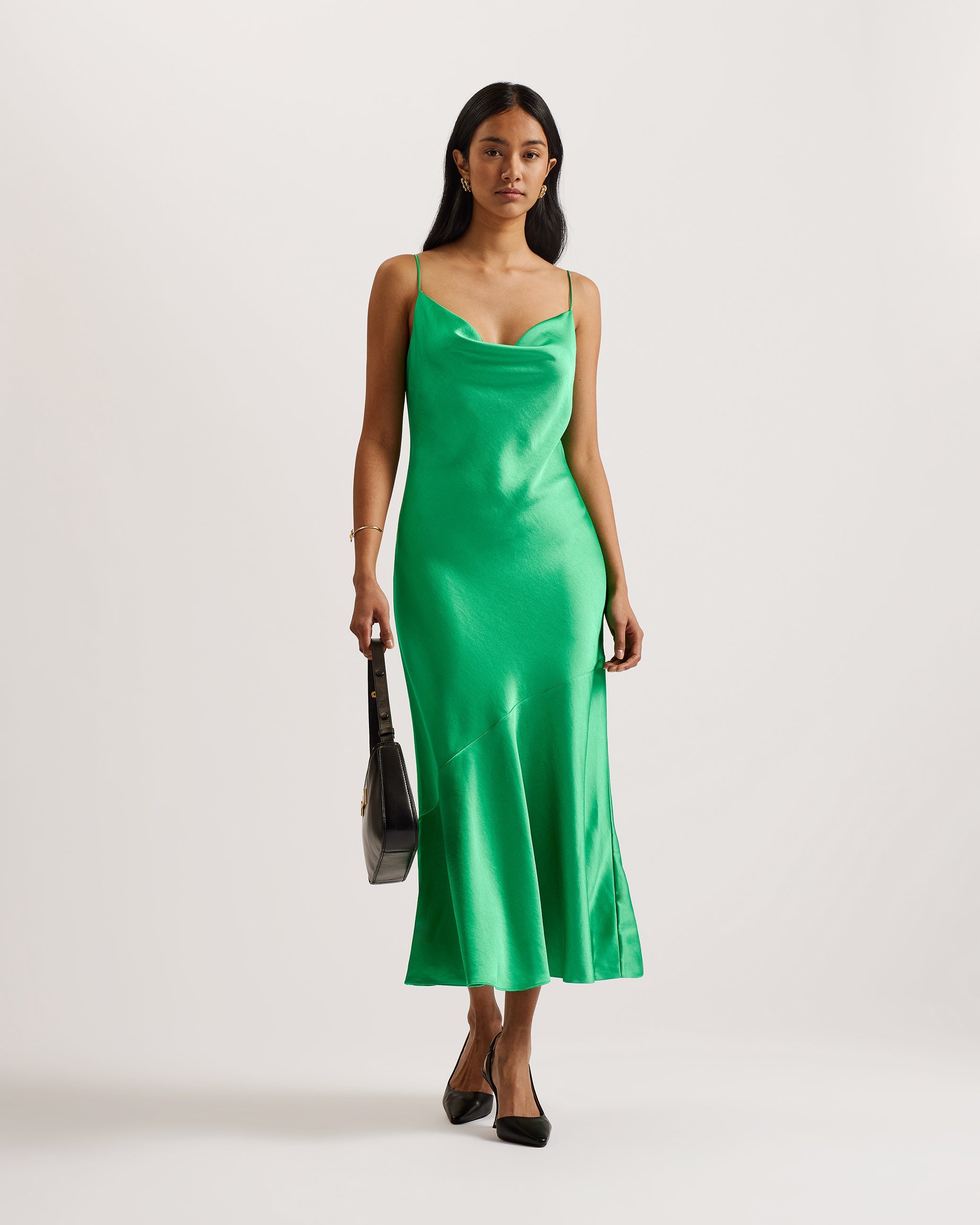 Tunca Satin Cowl Neck Evening Midi Dress Green