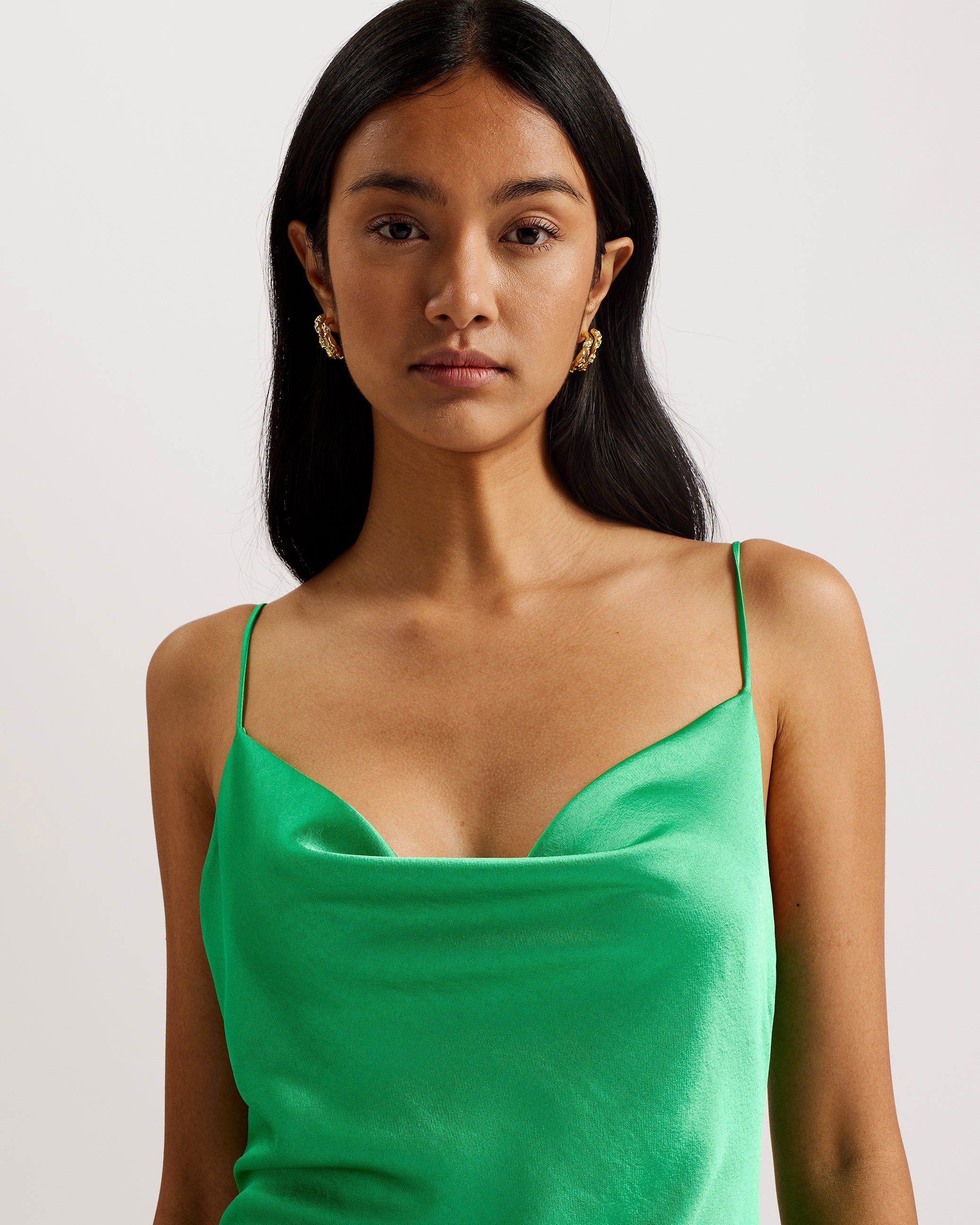 Tunca Satin Cowl Neck Evening Midi Dress Green