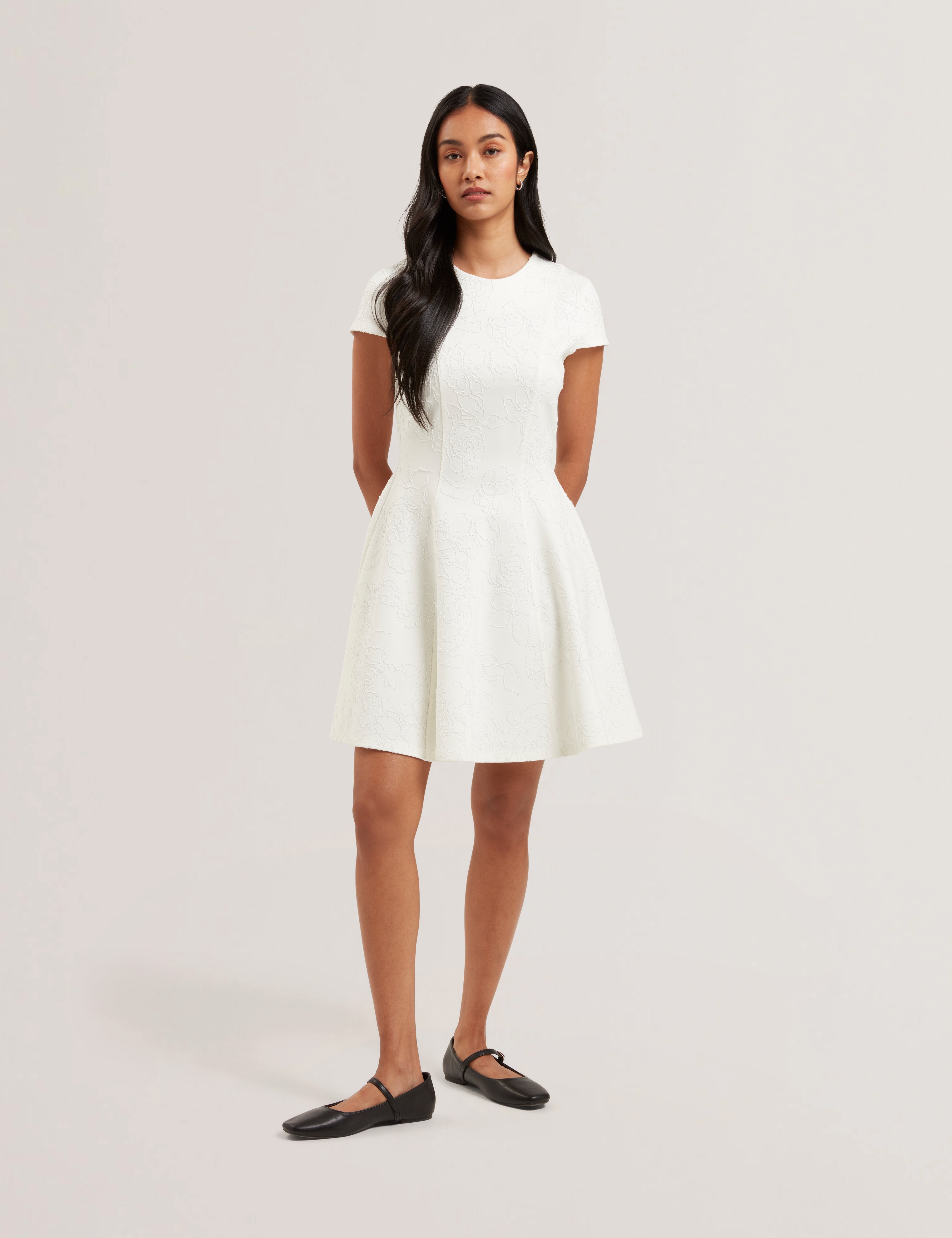 Clodaa Embroidered Ponte Mini Skater Dress Ivory