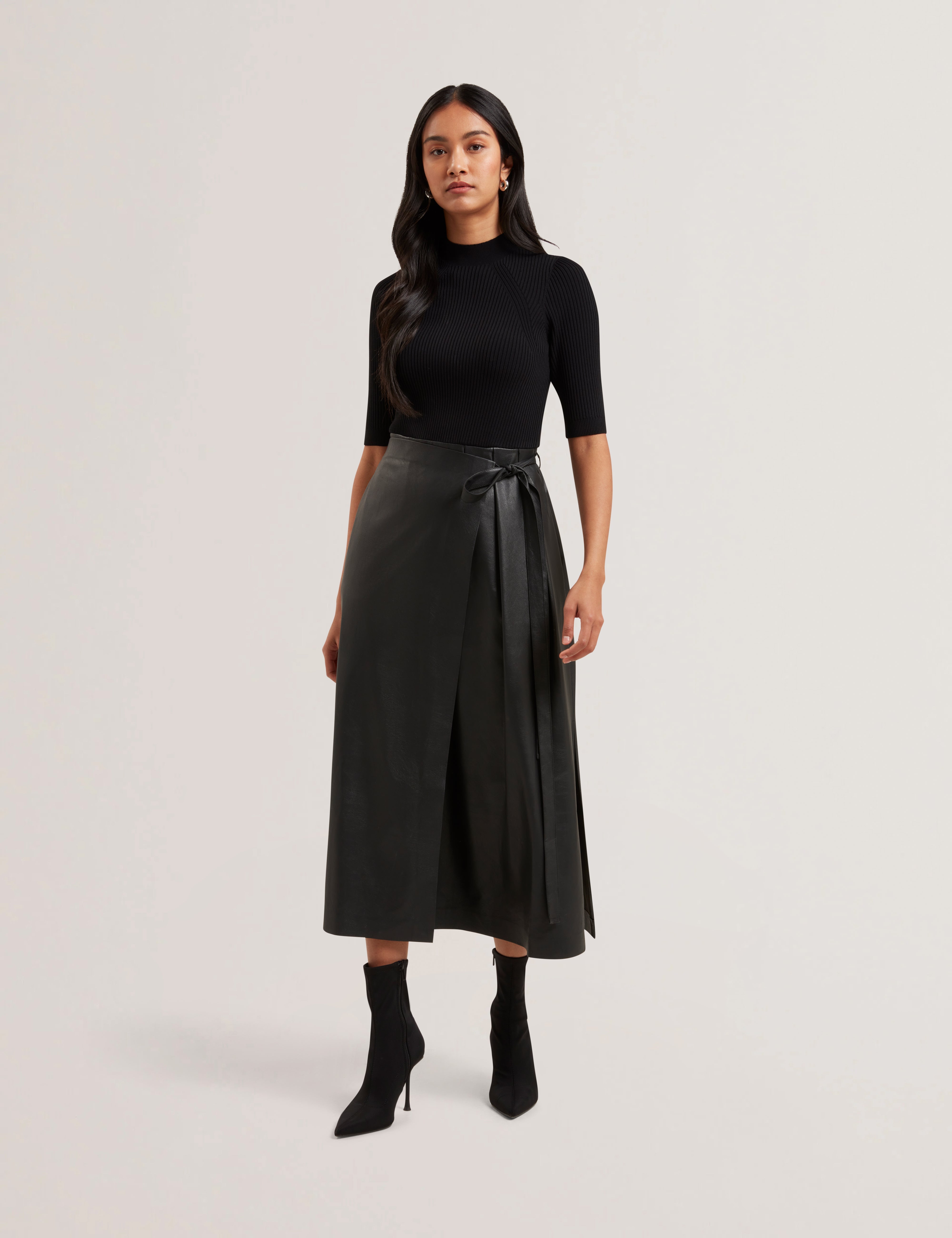 Matta Faux Leather Skirt Knit Bodice Midi Dress Black