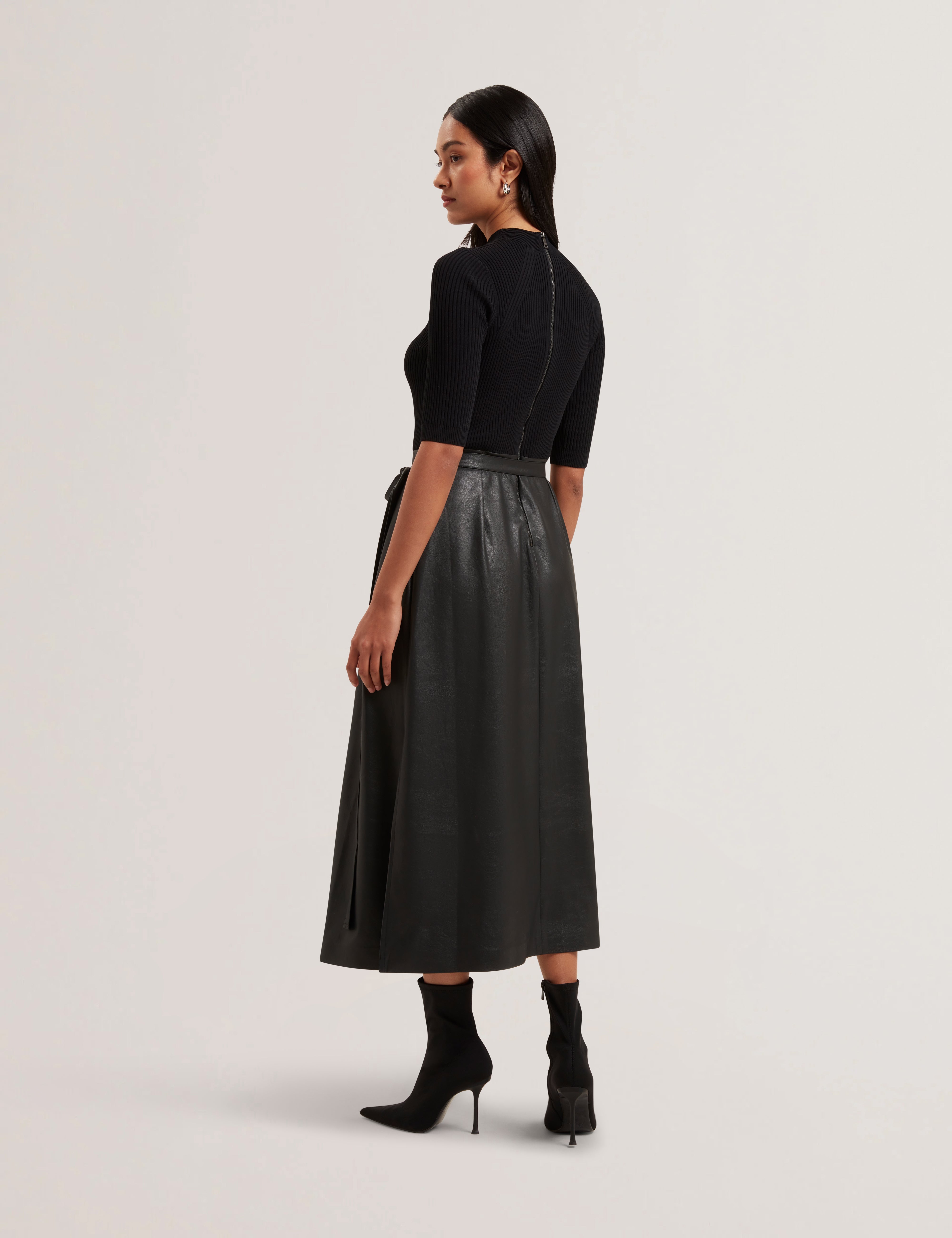 Matta Faux Leather Skirt Knit Bodice Midi Dress Black