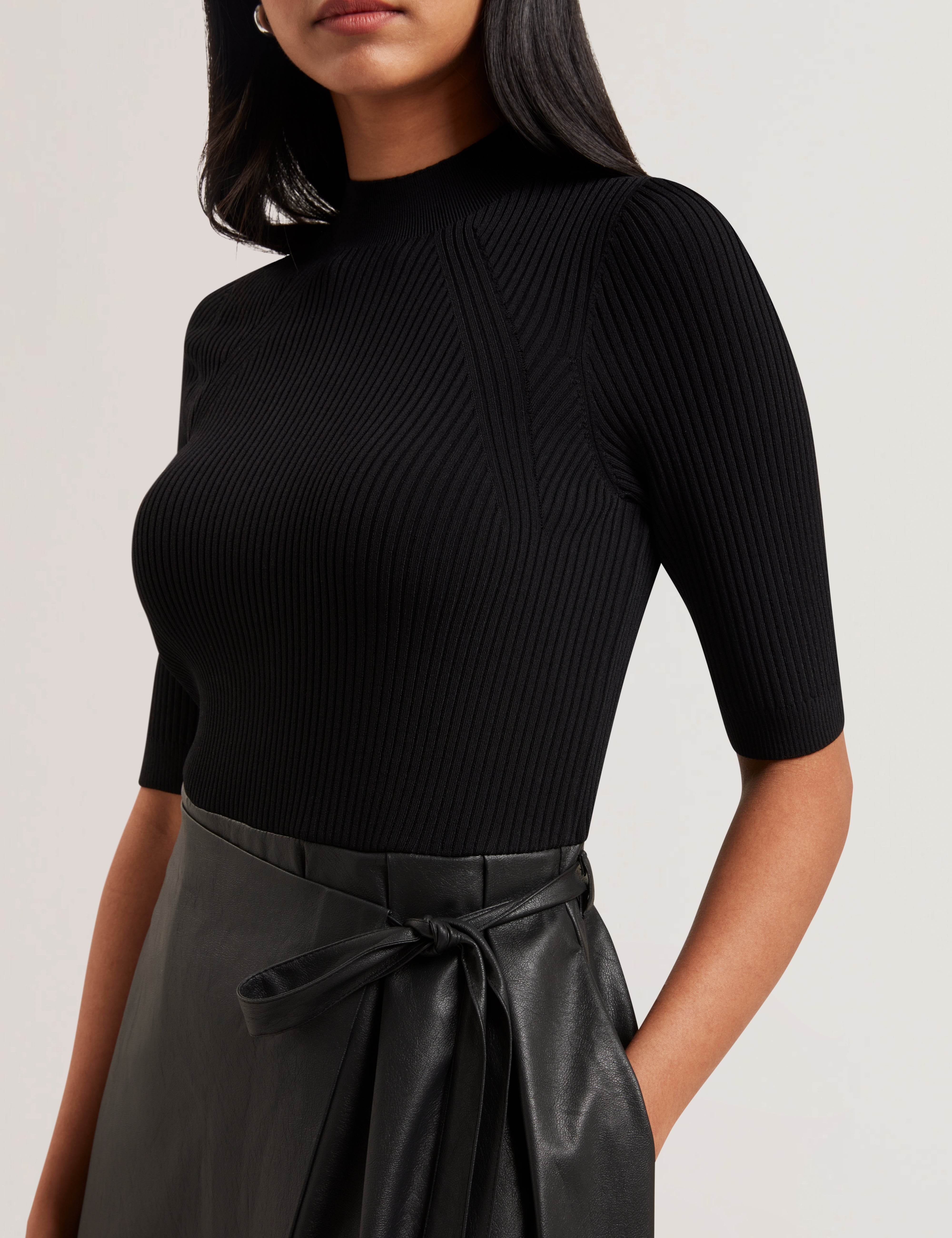 Matta Faux Leather Skirt Knit Bodice Midi Dress Black