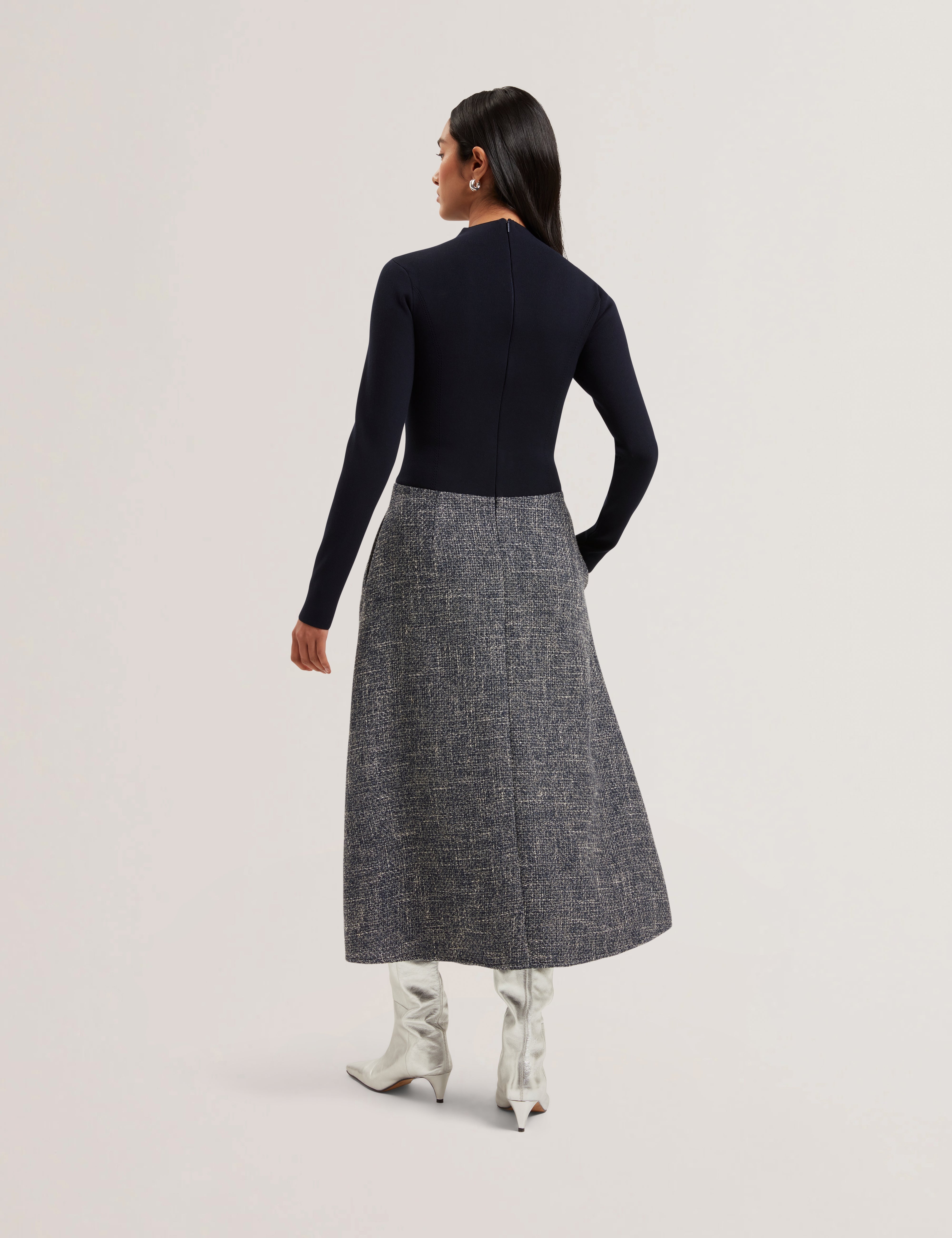 Abieb Polo-Neck Knit Bodice Midi Boucle Dress Navy